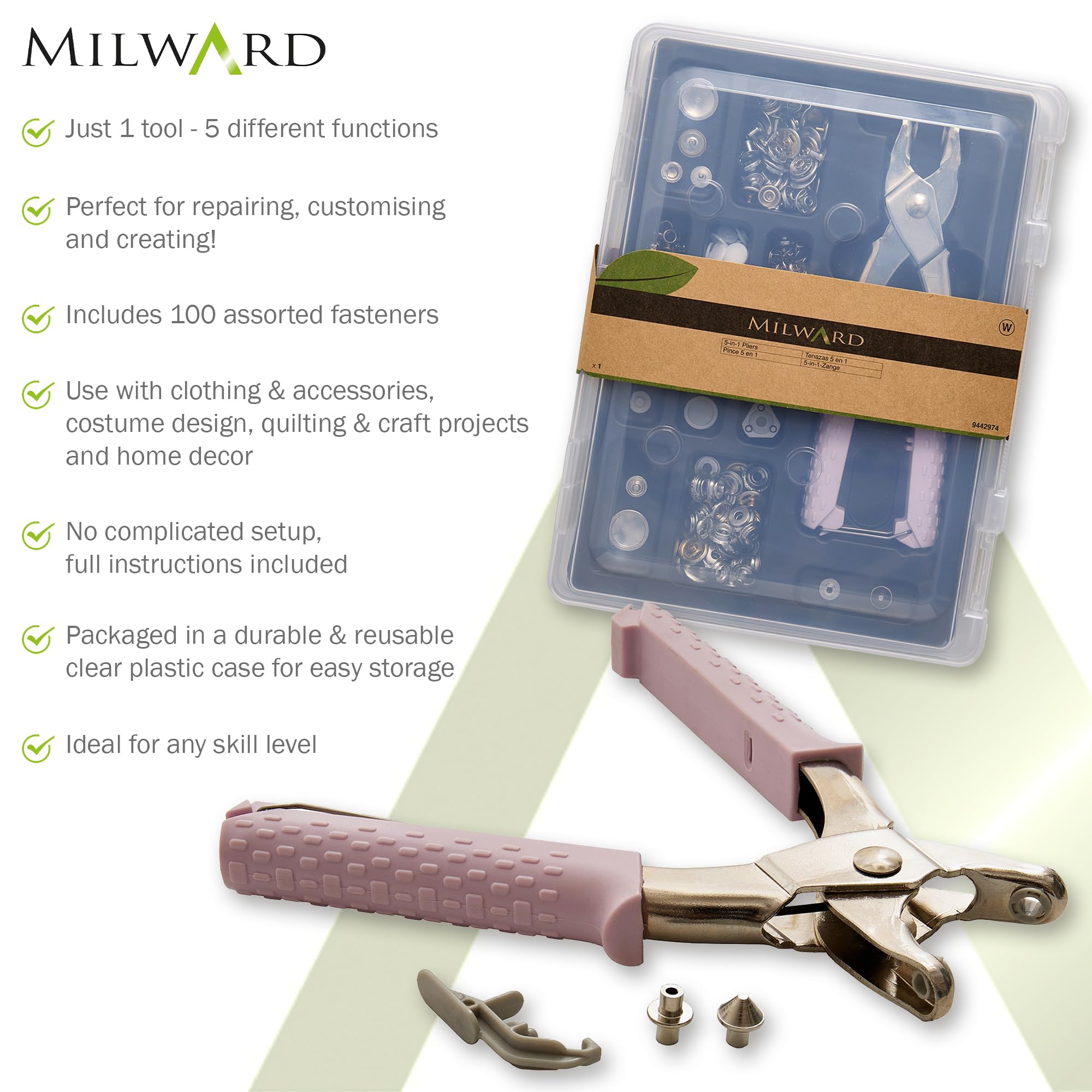 Milward - Juego de alicates de cierre a presión 5 en 1, kit de herramientas resistentes para ojales, botones de presión, broches de plástico y broches de moda, herramienta perforadora con 100 cierres