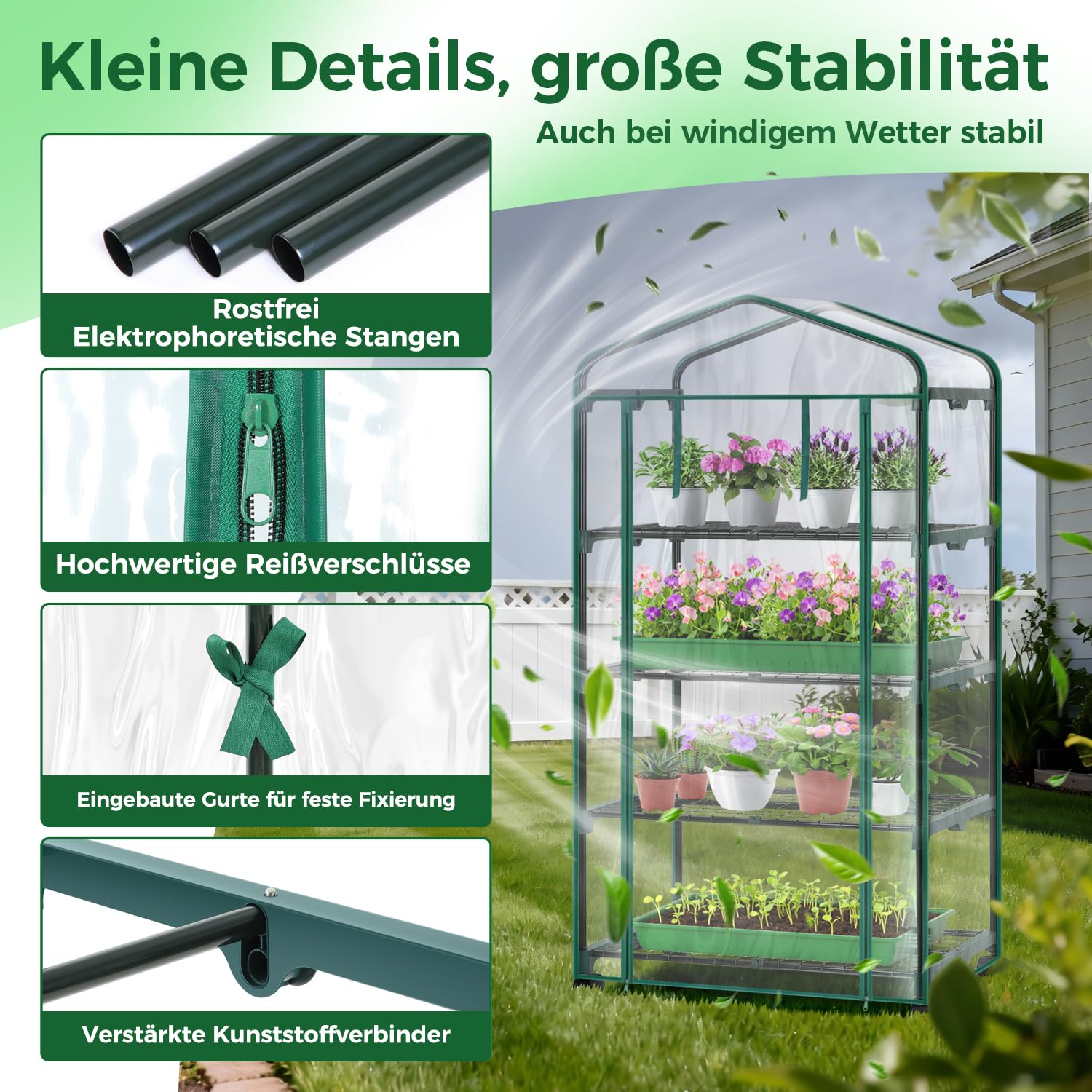 Ohuhu Gewächshaus klein Premium Foliengewächshaus mit Verriegelungsräder, Folien Treibhaus mit 4 Regalen Anzuchthaus Treibhaus Platzsparend Frühbeet für Balkon Garten 69x48x162 cm Transparent