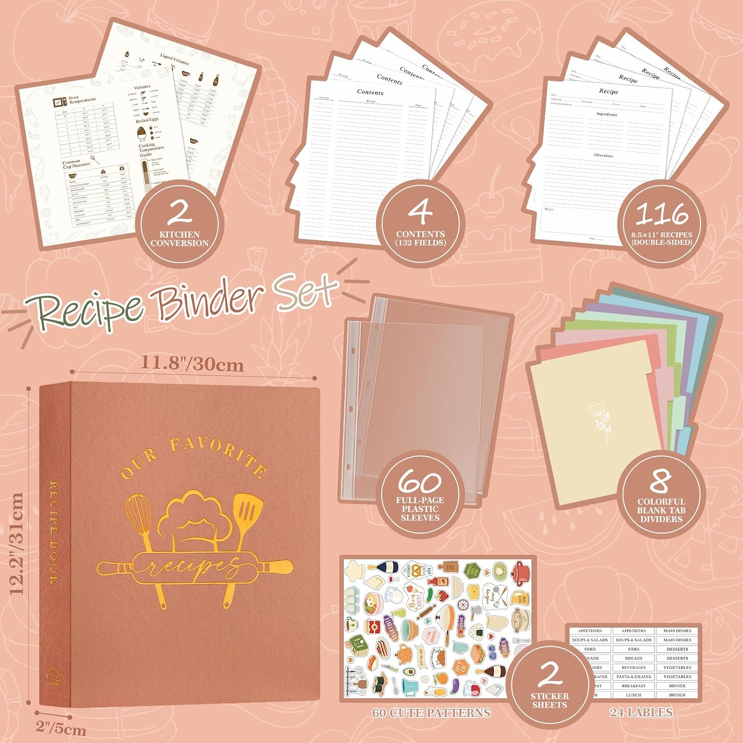 Lanpn Recipe Binder 8.5x11 3 Ring Kit, Waterproof Recipe Book Organizer Binder to Write in Your Own Recipes, Blank Cookbook with 60 Plastic Sleeves,116 Recipes, Dividers, Labels & Stickers, Rose image 3