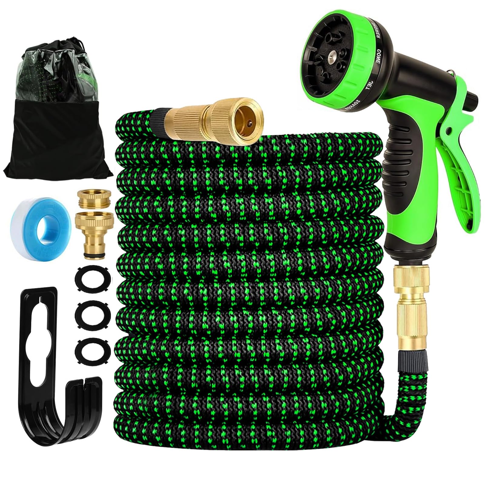 Dehnbarer Gartenschlauch, mit 10 Sprühmustern, geeignet für 1/2 Zoll und 3/4 Zoll Wasserhähne, flexibler und leichter Schlauch für Garten, Bewässerung, Reinigung mit Aufbewahrungstasche
