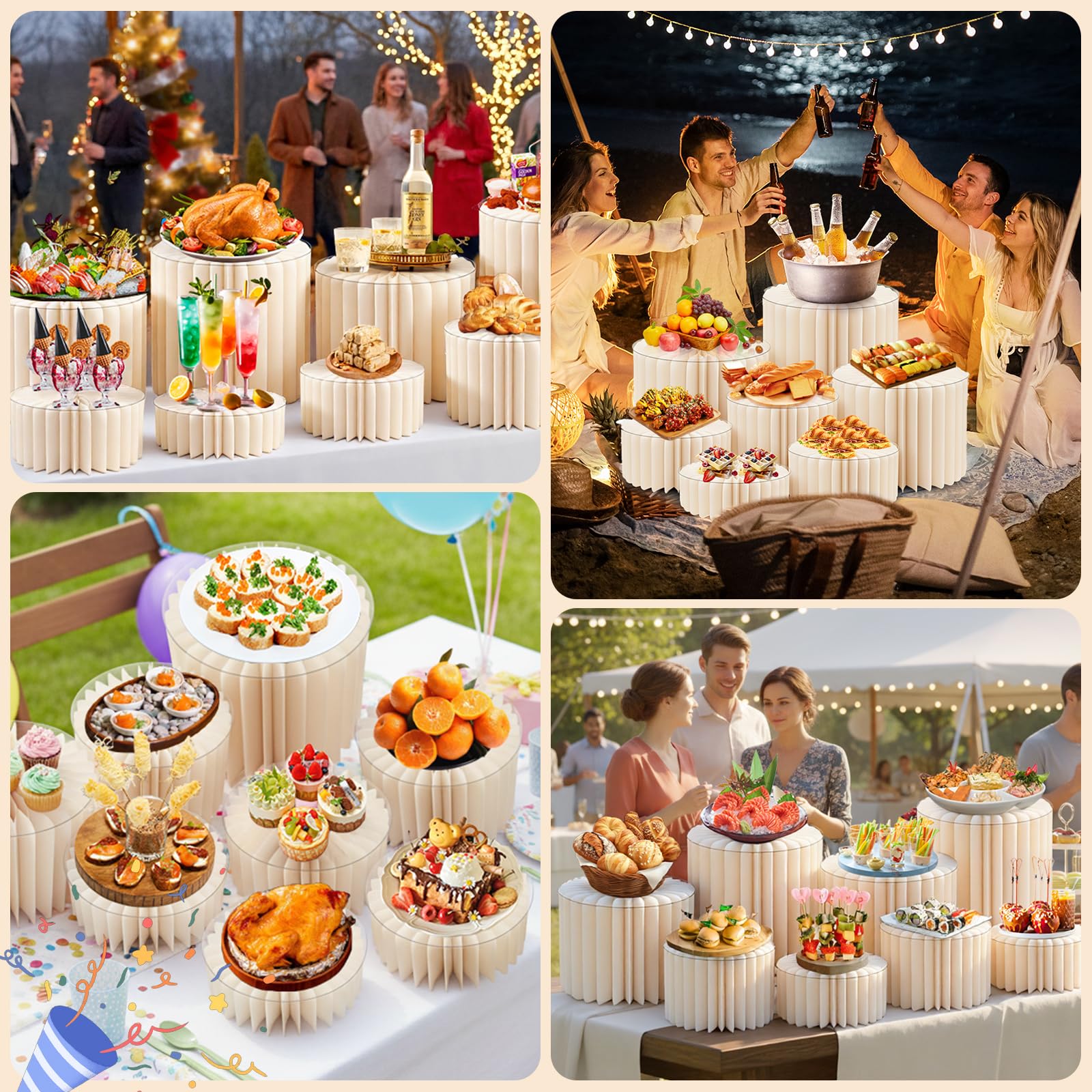10 Stück faltbare Buffet-Erhöhungen, Lebensmittel-Erhöhungen, Präsentationsständer für Buffettisch, 5 Höhen, zylinderförmige Kuchenerhöhungen mit transparenter Acrylplatte, Desserttisch-Display-Set