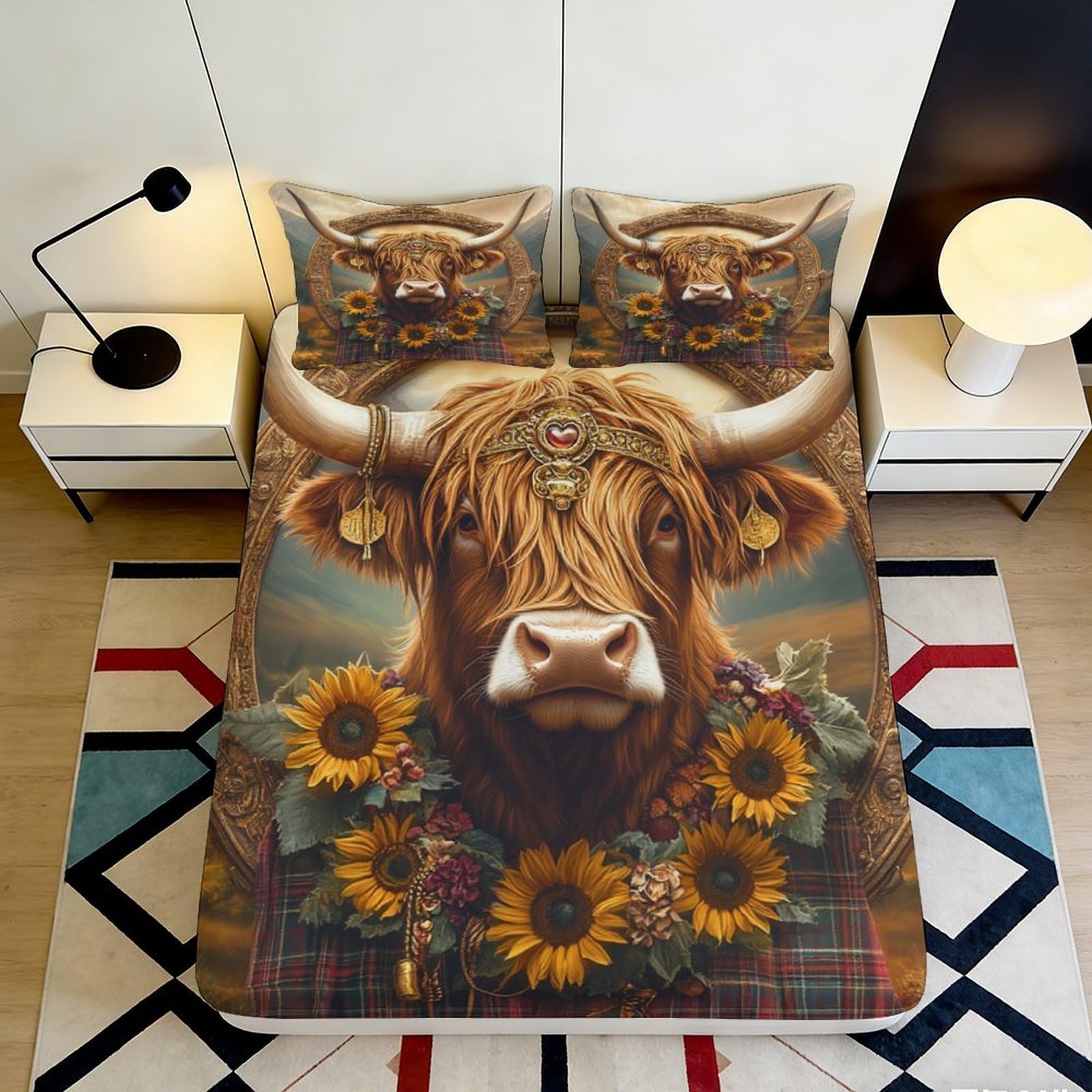 3D Printed Highland Cow Sunflower Fitted Sheet Microfiber Anti-Slip Bed Cover for Bedroom Guest Room Easy Care 160x200x25cm