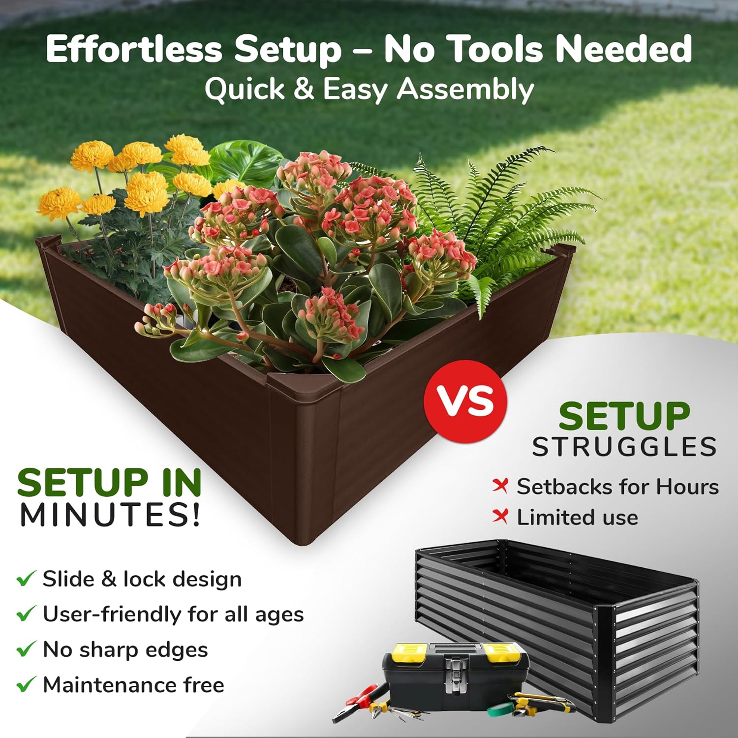 Raised Garden Bed - 4x4 ft Planter Box - Brown HDPE - No Tools Needed - DIY Kit for Urban Gardening, Flowers, Herbs & Vegetables - Made in The USA