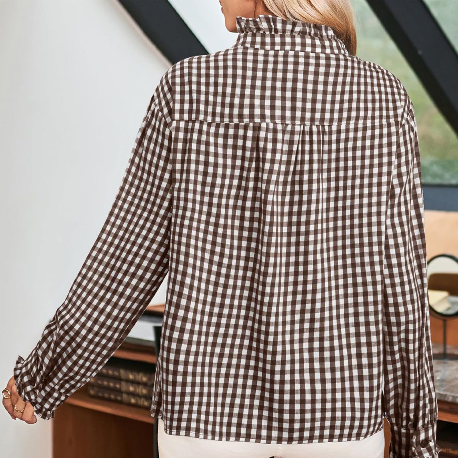 Blusa a cuadros con cuello en V y botones para mujer, estilo casual, de manga larga, a cuadros, a la moda, camisas a cuadros para mujer