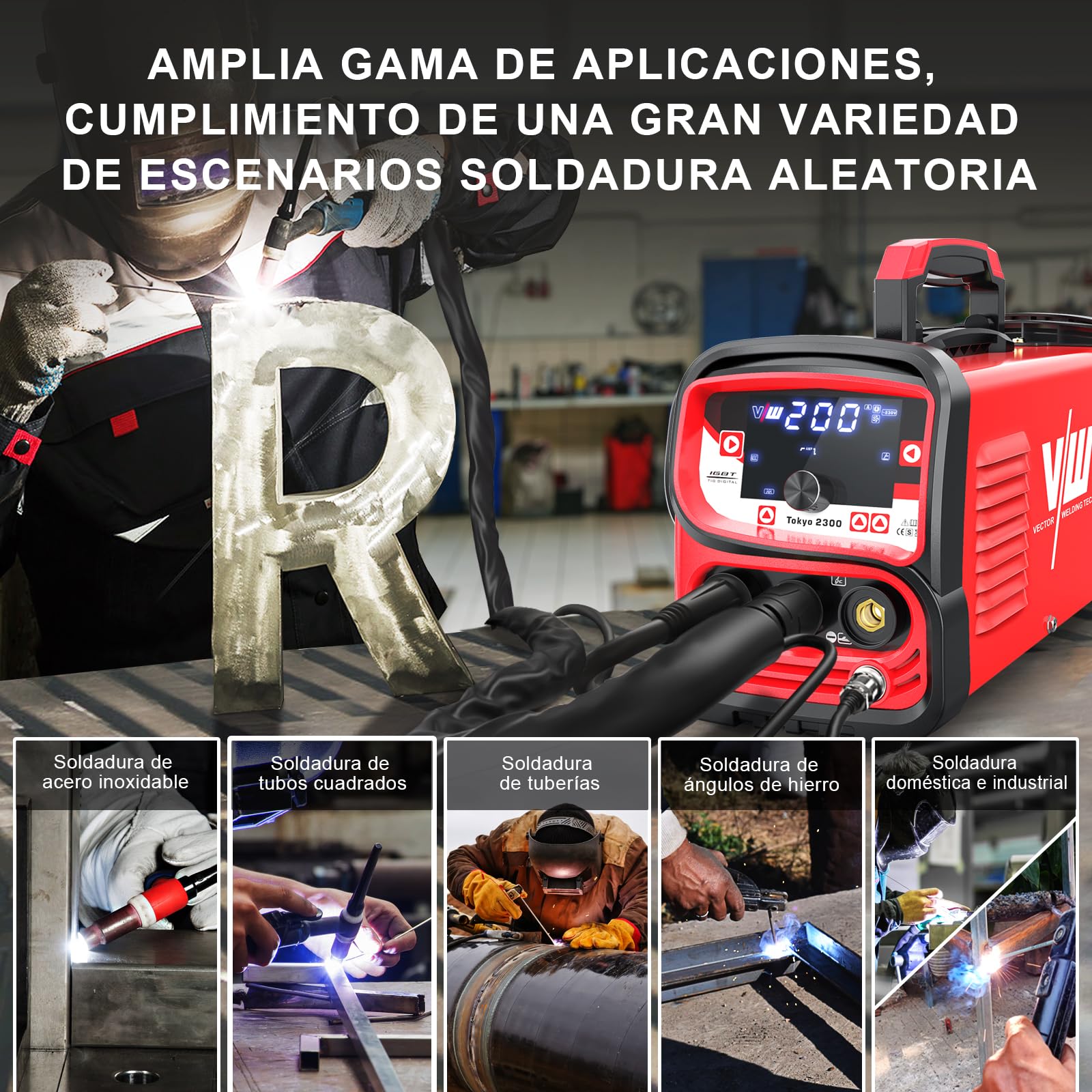 Máquina de soldadura Tig con 200 amp y función de soldadura por electrodo de 170 amp | Función de pulso - preflujo y postflujo de gas - subida y bajada de corriente - Tokyo 2300 de Vector Welding