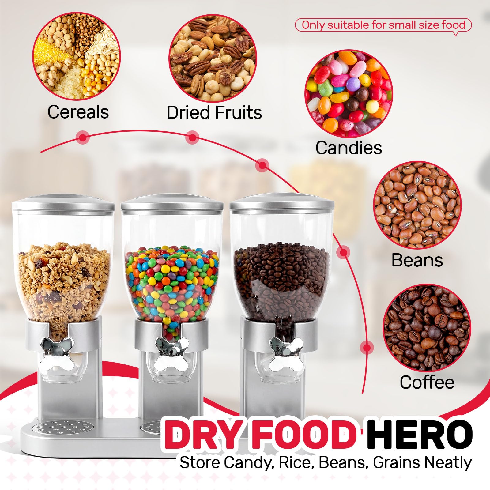 Sinceroduct Cereal Dispenser Countertop 2 l, set di 3 distributori per il piano di lavoro, dispenser ermetico per cereali, riso, grani, caramelle, chicchi di caffè