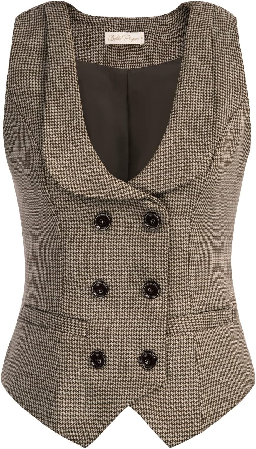 Belle Poque Women Double Breasted Waistcoat Vintage Lapel Collar Vest Coat with 2 Pockets