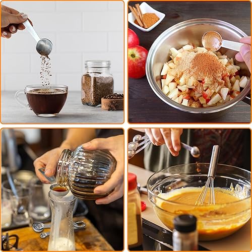 Miniatura 7 de Juego de cucharas medidoras de metal, utensilios de cocina de acero inoxidable prémium para ingredientes secos y líquidos, cucharaditas de anidación