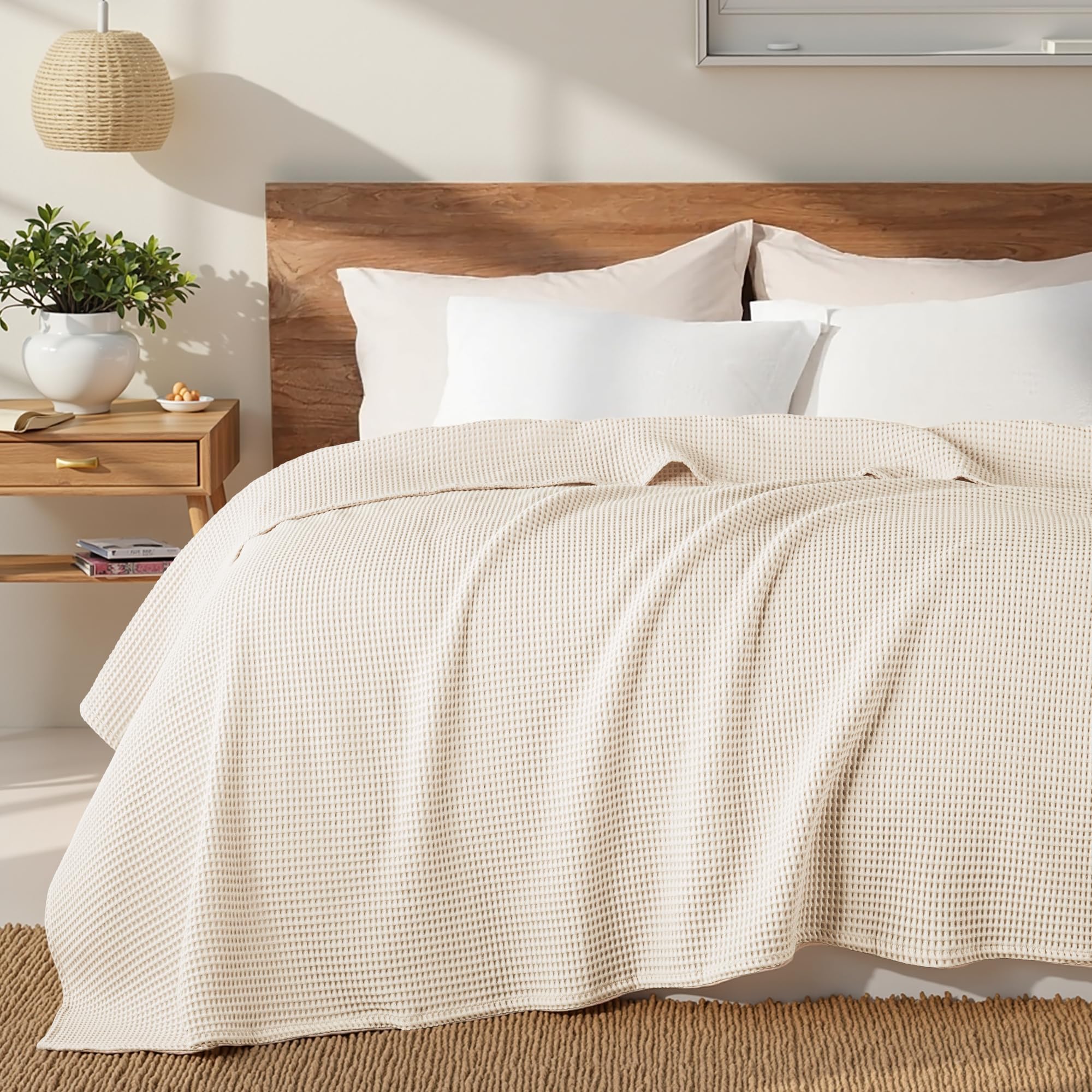 Exclusivo Mezcla 100% Baumwolle Decke Waffeldecke als Bettüberwurf, Weiches Leichtes und Atmungsaktives Baumwolldecke Tagesdecke für Sofa und Bett, Alle Jahreszeiten, 220x240 cm, Beige