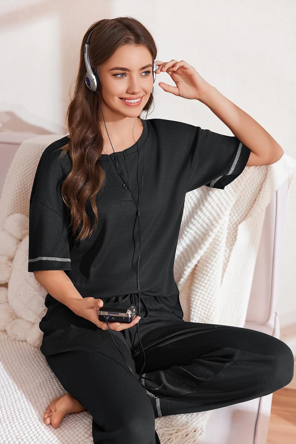 Ekouaer Lounge Sets for Women Waffle Knit Womens Pajama Sets 2 Piece Pjs Sets with Pockets Short Sleeve Top Long Pant - Image 6