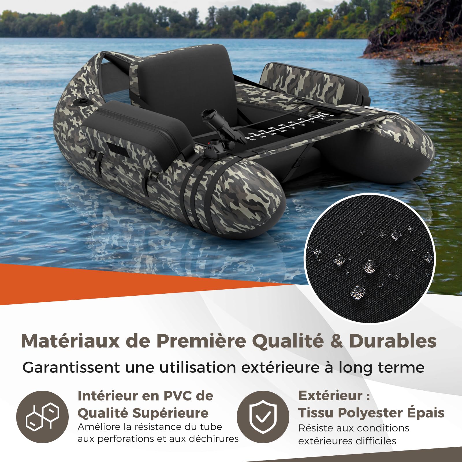 GOPLUS Bateau Pêche Gonflable, Float Tube Tissu Polyester avec Support de Canne Peches, Dossier, Sangles Réglables, Pompe, Règle à Poisson, Poches Rangement, Pagaie, Capacité 150KG