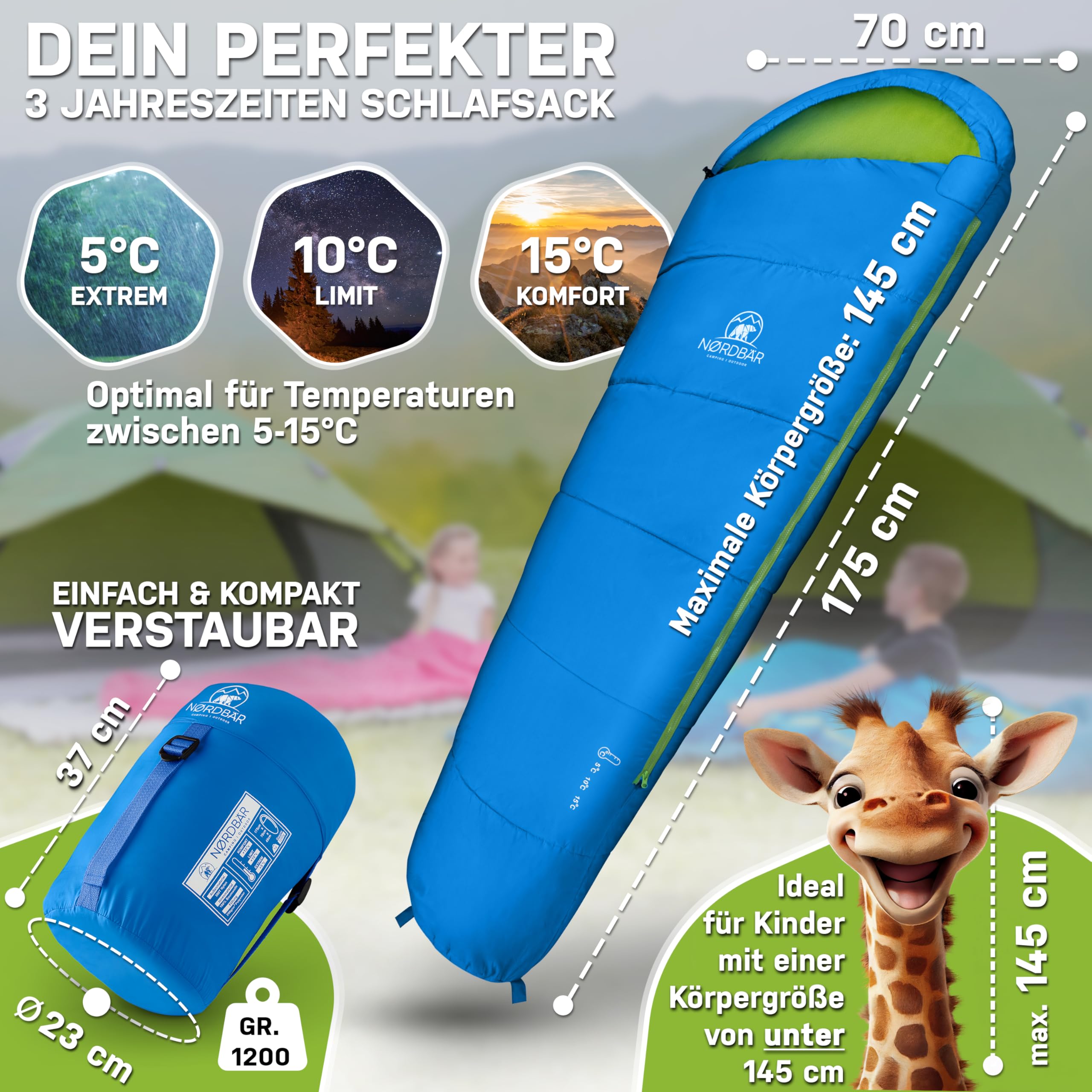 NORDBÄR® Kinderschlafsack für Jungs & Mädchen bis 145 cm Körpergröße | Innenfutter aus 100% Baumwolle | Mumienschlafsack leicht & warm | Kinder Outdoor Schlafsack [1200g] | Camping Kinderschlafsäcke