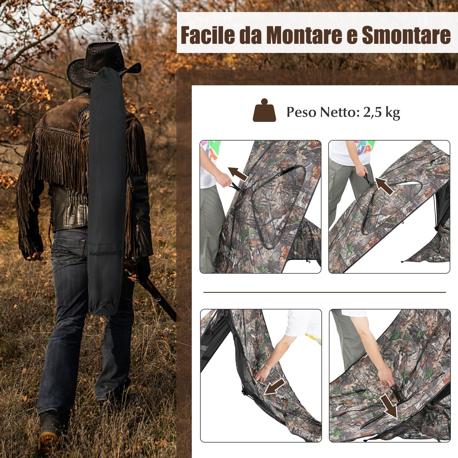 GYMAX Tenda da Caccia, Recinto da Caccia Pieghevole a 2 Pannelli con 3 Aperture per Sparare, Motivi Mimetici, Stabilità in Caso di Vento Forte, Recinzione da Caccia, 148 x 148 x 113 cm