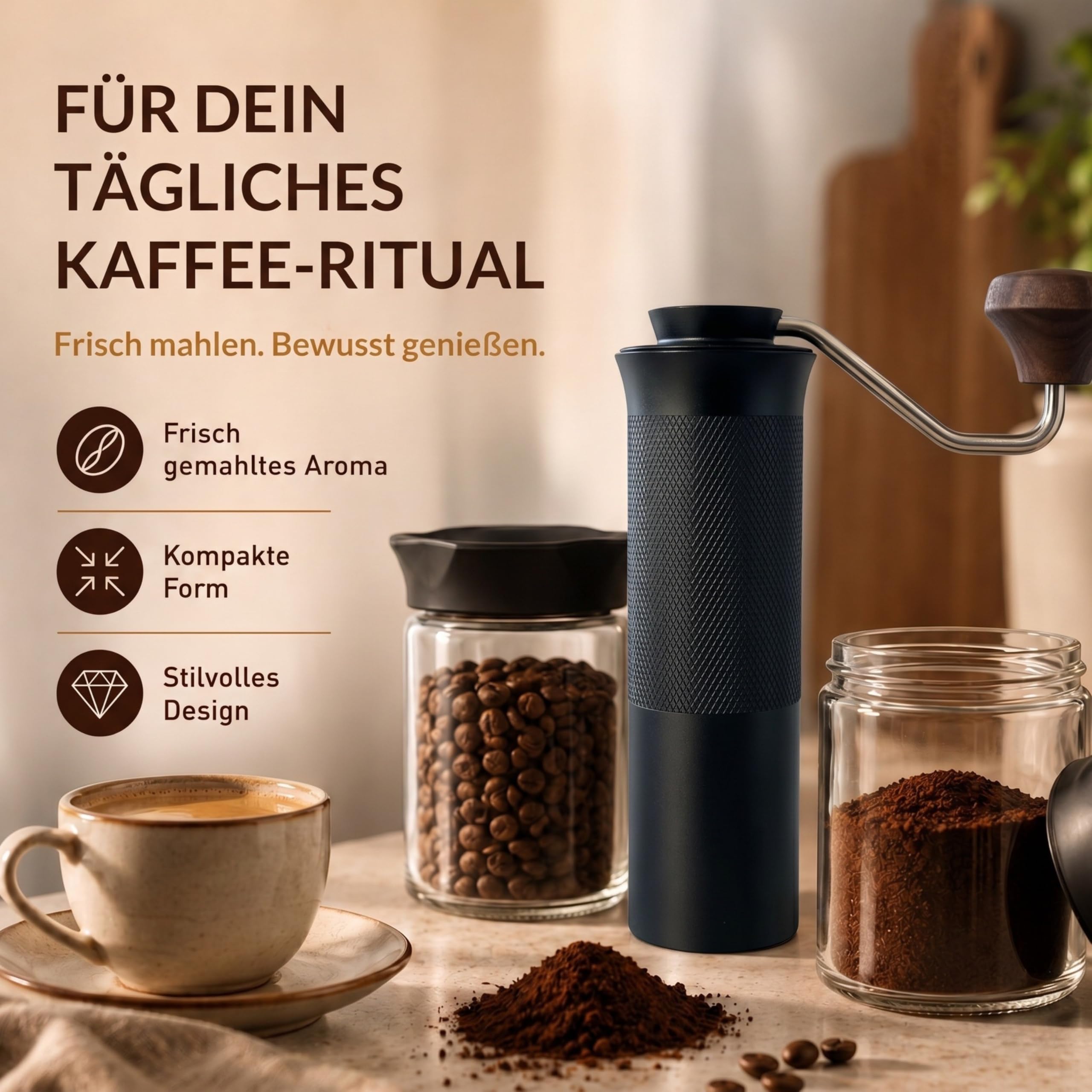 Thiru Handkaffeemühle manuell, Testsieger 2026*, Edelstahl-Kegelmahlwerk mit 60 Mahlgraden & Doppellager – Espresso mit Crema, Filterkaffee & French Press, Holzgriff & 2 Glasbehälter (Walnussgriff)