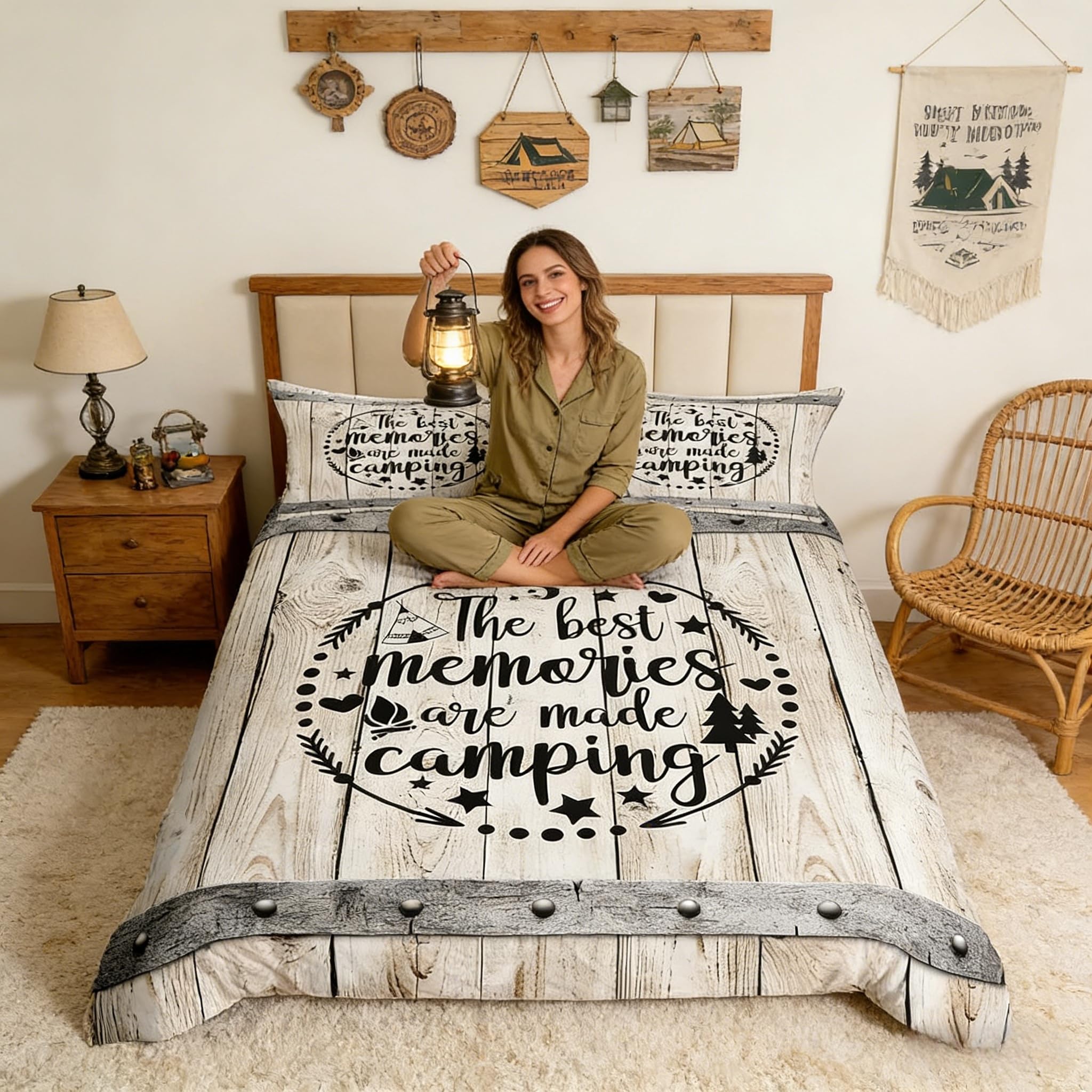 feelingyou Camping Adventure Duvet Cover Set Double Size,Camper RV Trailer Decor Bedding Set 3pcs for Kids Boys Girls Adults,Retro Wooden Plank Cottage Rustic Farmhouse Quilt Cover,2 Pillowcases