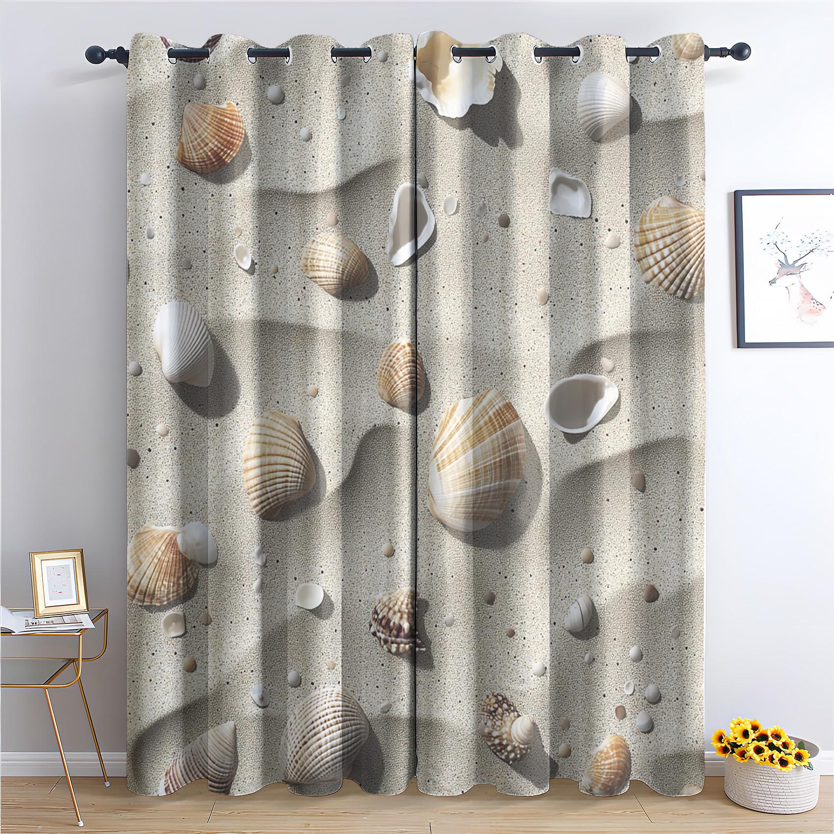NIYAKA Seashell Beach Curtain Blackout, Coastal Sand Shell Modern Nautical Curtains 42x54, Living Room & Bedroom Decor Drapes, Thermal Insulated Eyelet Window Treatments 54 Drop, 2 Panels