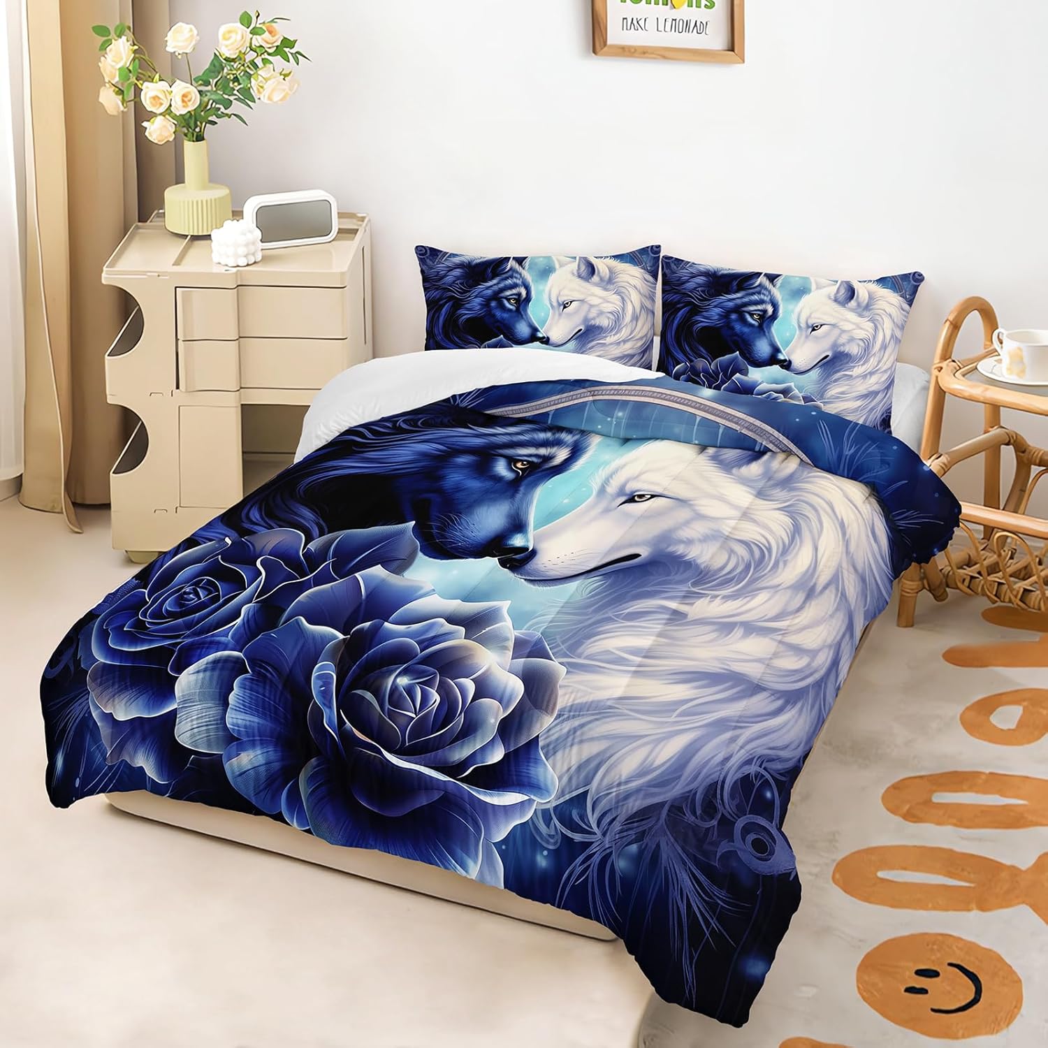 Wolf Print Comforter Set Queen Size,White and Dark Blue Wolf in Flowers Duvet Set, Forest Animals Printed Quilte Set for Girls Boys Adult,with 1 Comforter and 2 Pillow Case