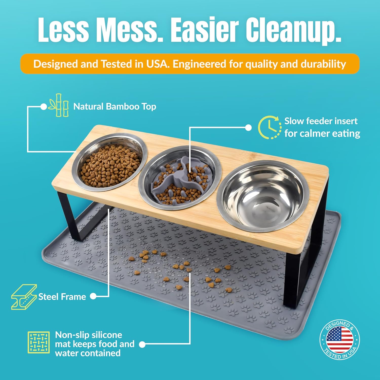 3 Bowl Cat Feeding Station-Cat Bowls Elevated-15° Tilted Cat Food Bowls-Raised Cat Bowls with Anti Slip Mat & Cat Slow Feeder Included–Anti-Vomiting Raised Slow Feeder Cat Bowl-Comedero para Gatos