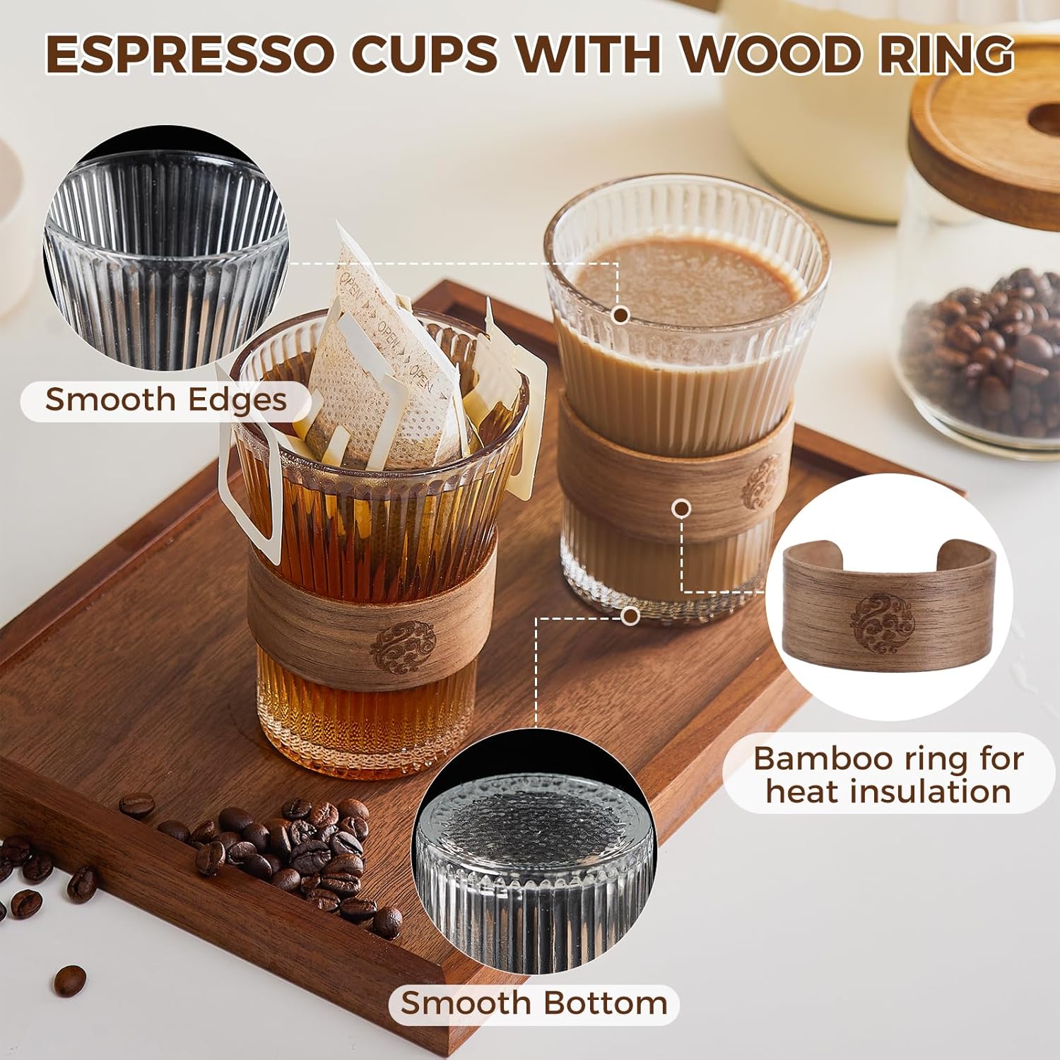 6PCS Glass Coffee Mug 9oz with Bamboo Sleeve,Espresso Cups Drinking Cup set, Home Essential Glass Tumblers for Beer, Cocktail, Tea and Latte Clear