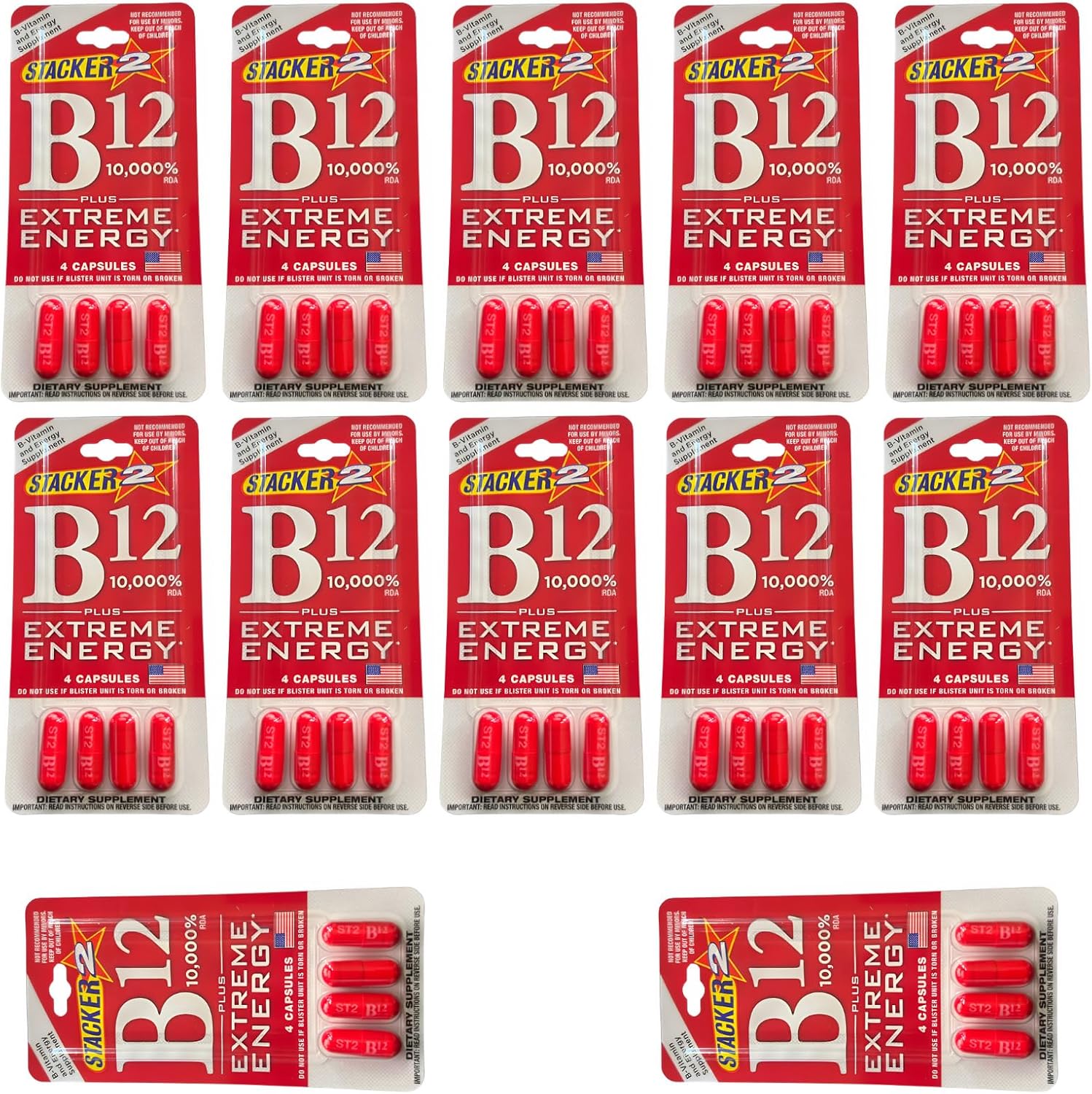 Stacker B12 Extreme Energy Capsule 10,000 RDA Vitamin B Complex B12 B6 B3 B7- Vegansafe & Vegan Cyanocobalamin, B6 Pyridoxine - 40mg B7 Biotin B3 Niacinamide (Niacin) 20mg (12 Pack - 48 Capsules)