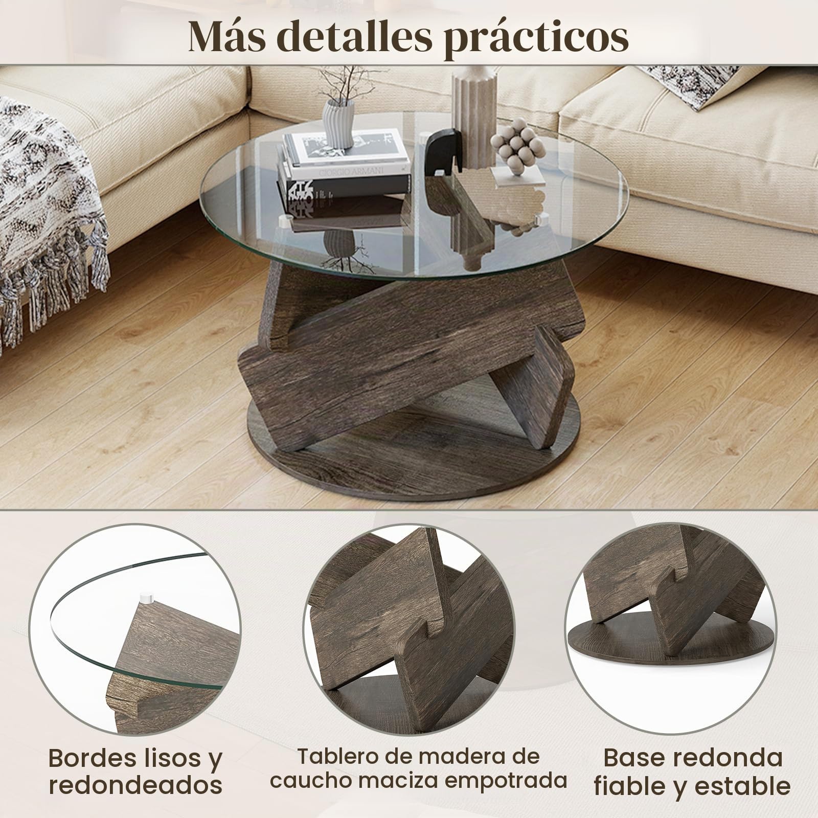 LIFEZEAL Mesa de Centro Redonda con Tapa de Vidrio Templado Transparente，Mesa Auxiliar Moderna Decorativa con Patas de Madera Sólida, Mesita Auxiliar Rústica para Espacios Pequeños (Gris)