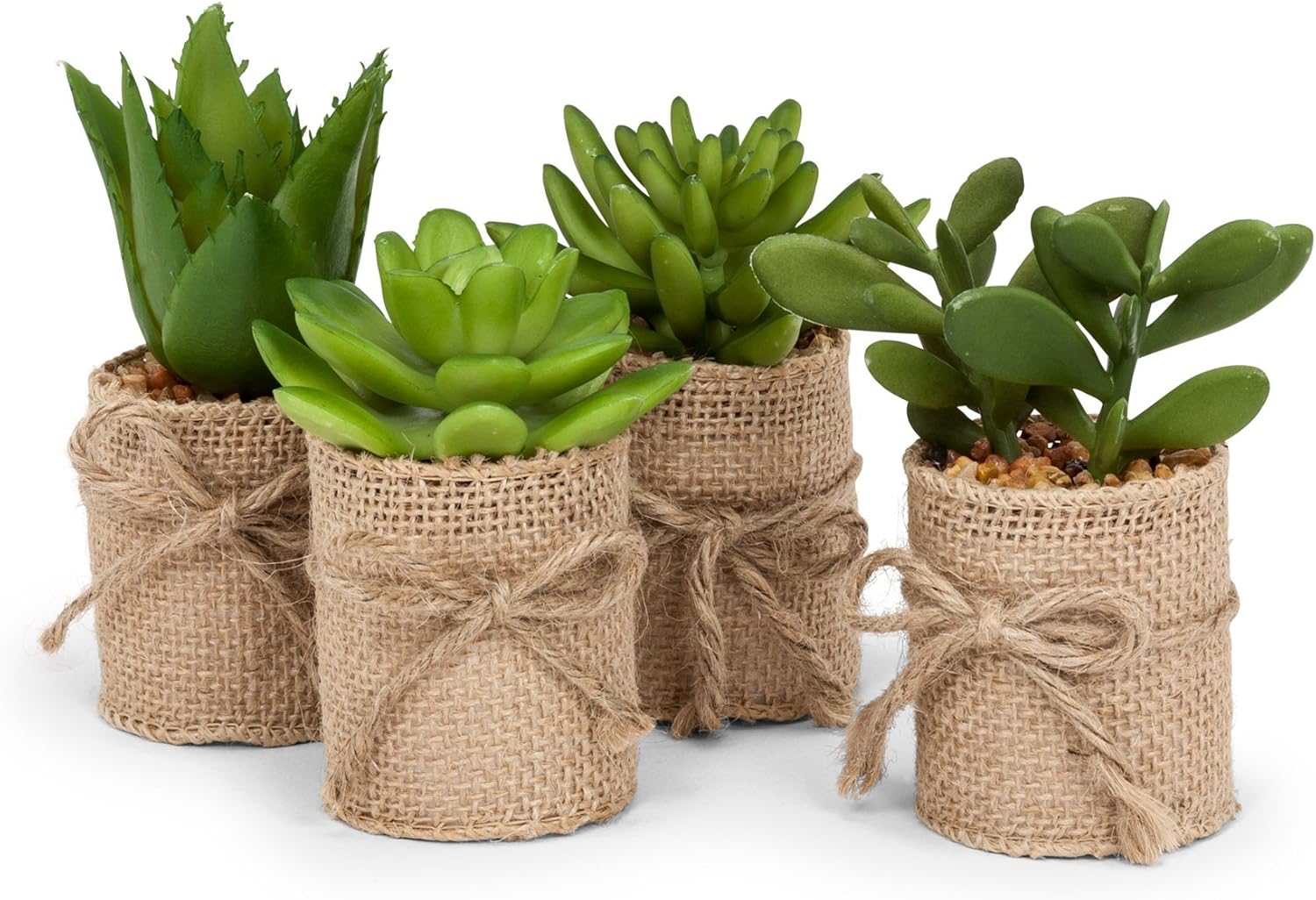 Abbott Collection Artificial Mini Succulents Set in Burlap Wrap Planters, Set of 4 (4" H, 2" W)
