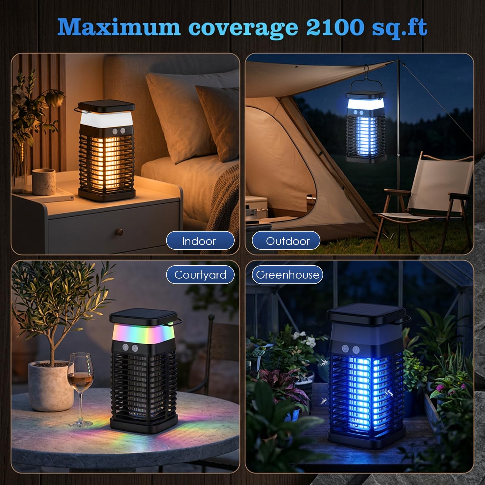 Qoosea Anti-Moustique Solaire Électrique, Lampe Tue-Moustiques avec Grille 4200V Recharge USB-C Batterie 4000mAh IP65 Étanche Piège à Insectes pour Maison Cuisine Chambre Jardin Intérieur et Extérieur