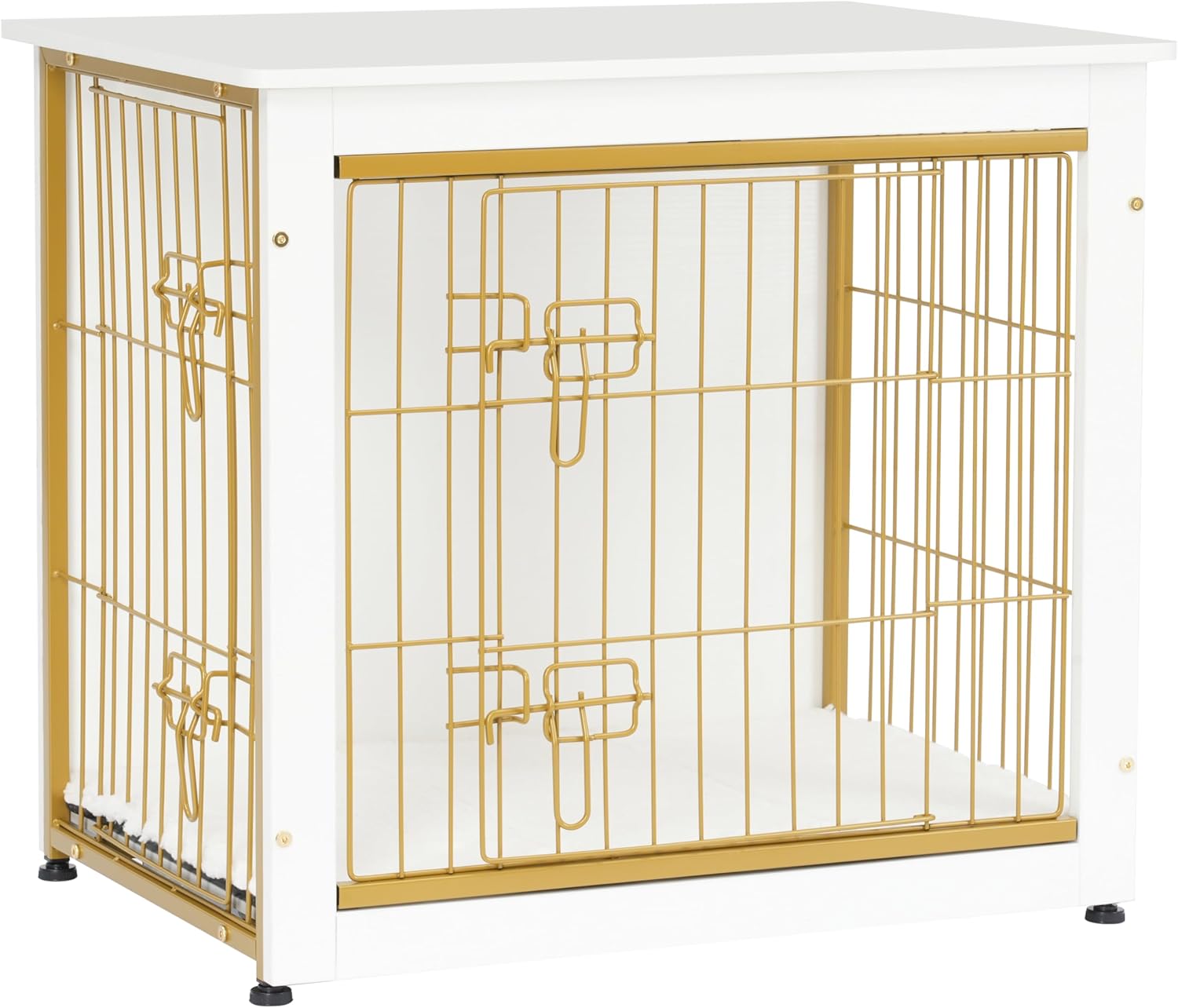 DWANTON Dog Crate Furniture with Cushion, Wooden Kennel Table with Double Doors, Indoor Dog House, Small/Medium/Large Size, 27.2" L, White 27.2"L x 20.1"W x 23.6"H White+Gold