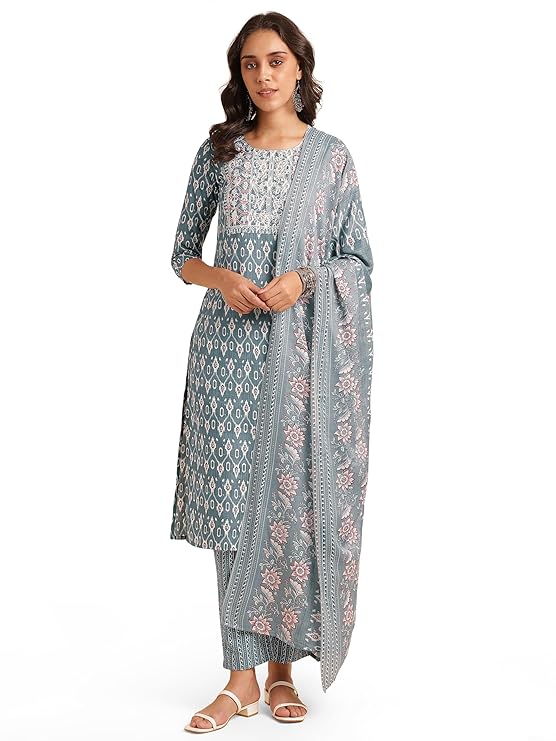 MIRCHI FASHION Women’s Designer Straight Fit Cotton Printed and Embellished Kurta Set with Trouser Pant and Dupatta – Grey, White