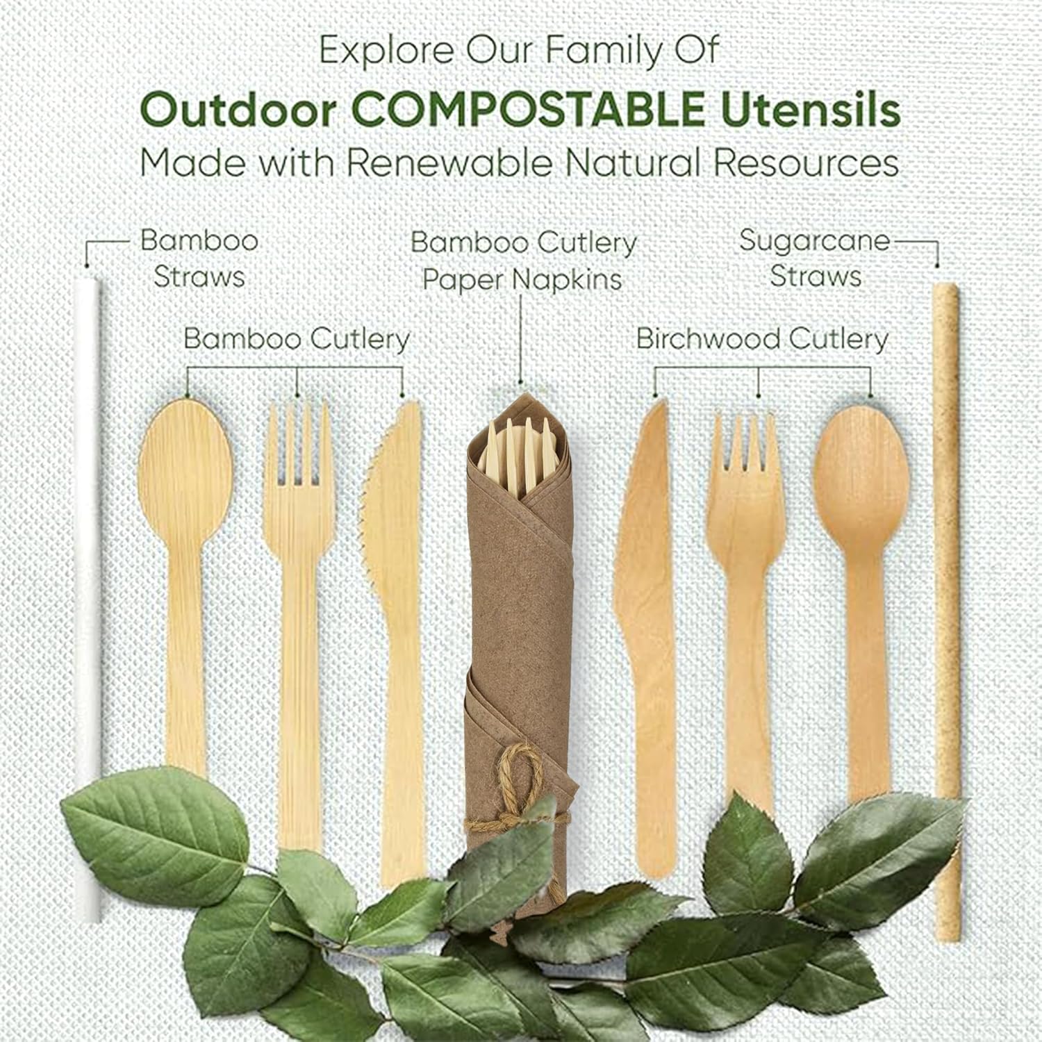 Premium Pre Rolled Brown Paper Napkin and Bamboo Cutlery Set (50 Pack, 200 PCS) 100% Biodegradable, Disposable Wrapped Disposable Silverware Cutlery - Pre-Wrapped Bamboo Forks, Knives, Spoons