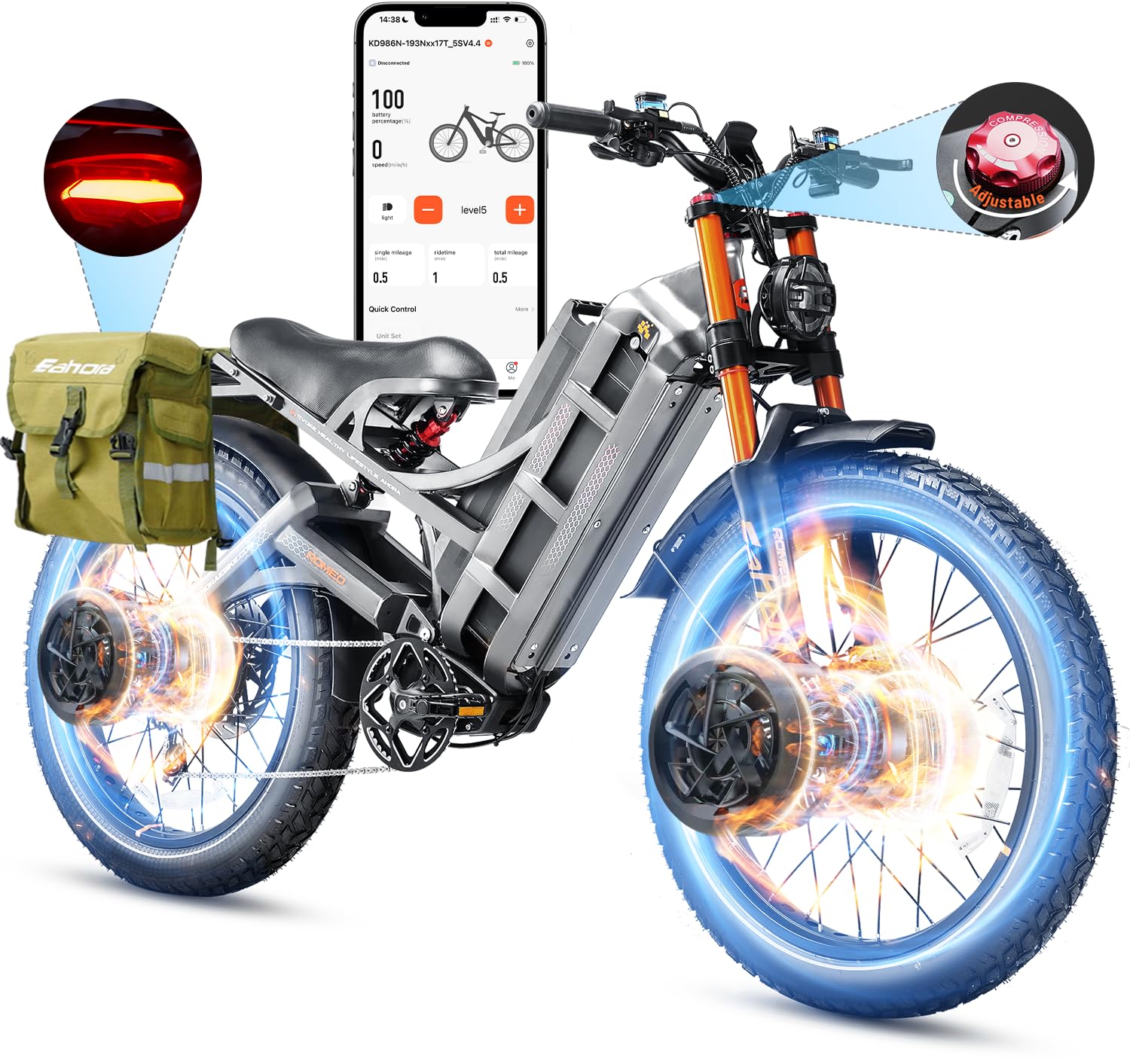 eAhora 2025 Romeo Pro 3-5000W 50MPH Dual Motor Electric Bike for Adults, 60V 80Ah Battery 200+ Miles Long Range Electric Bike with BMS Tech, 7-Speed Gear System, Pedal Assist, UL2849-11