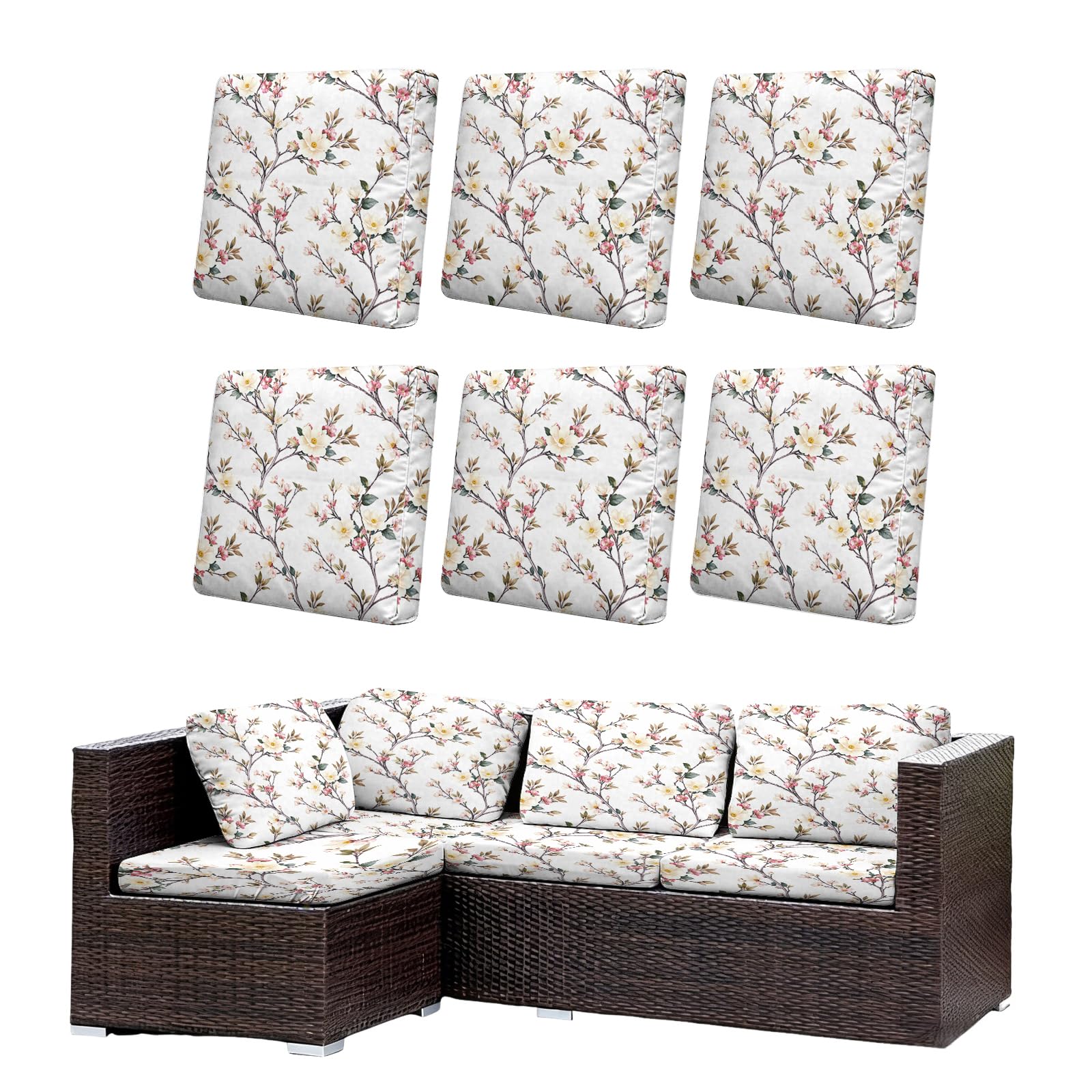Morbuy Copricuscini Impermeabili per Esterno Giardino Patio, Set 6/8, Divano Angolare in Rattan (Alberi in fiore)