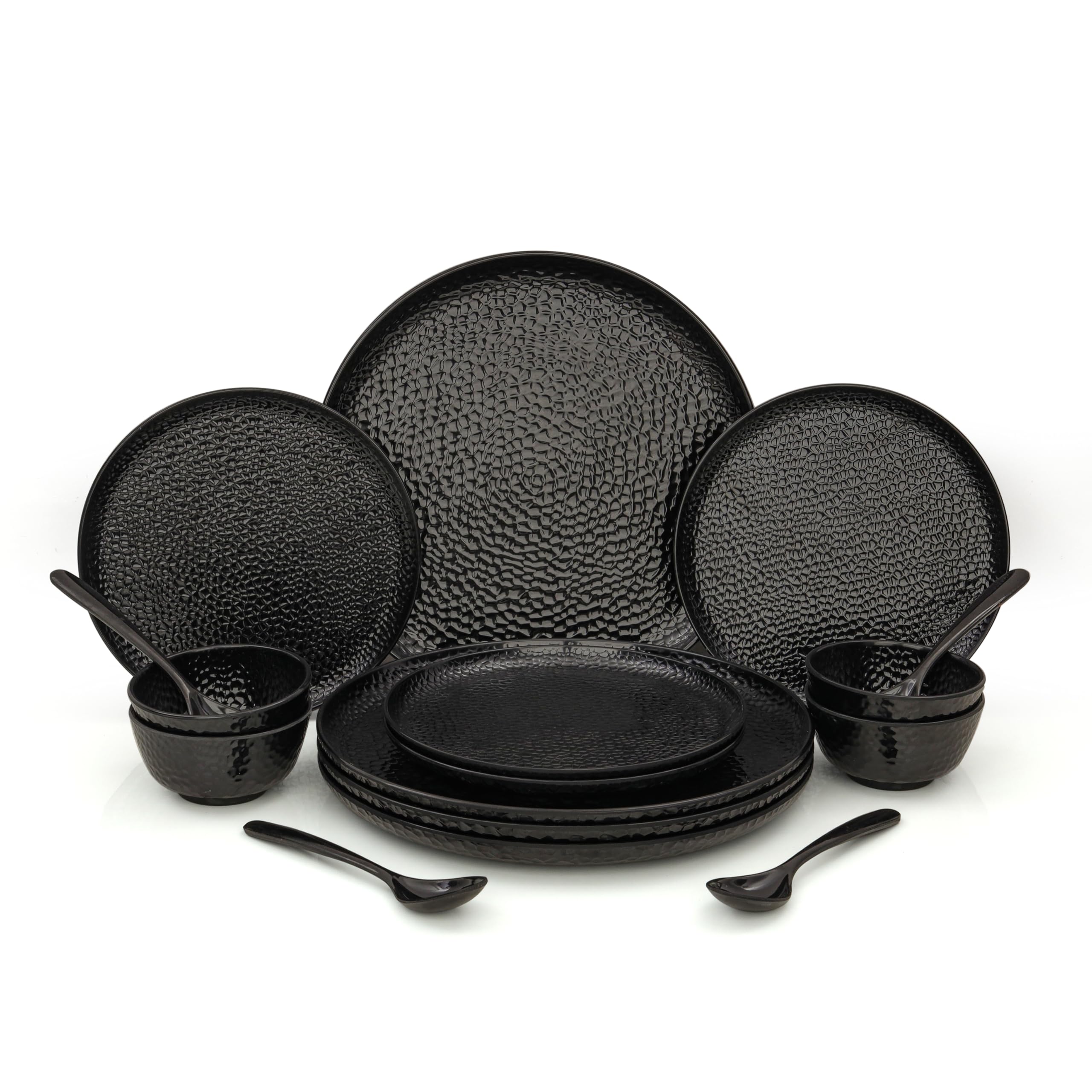 CREPON Black Hammered Melamine Dinner Set of 16 Pc for Family of 4, Crockry Set for Dinning, Perfect for Gifting and Serving,100% Food Safe, BPA Free, Stain Proof (B0DDC1KDDB) Amazon Price History, Amazon Price Tracker