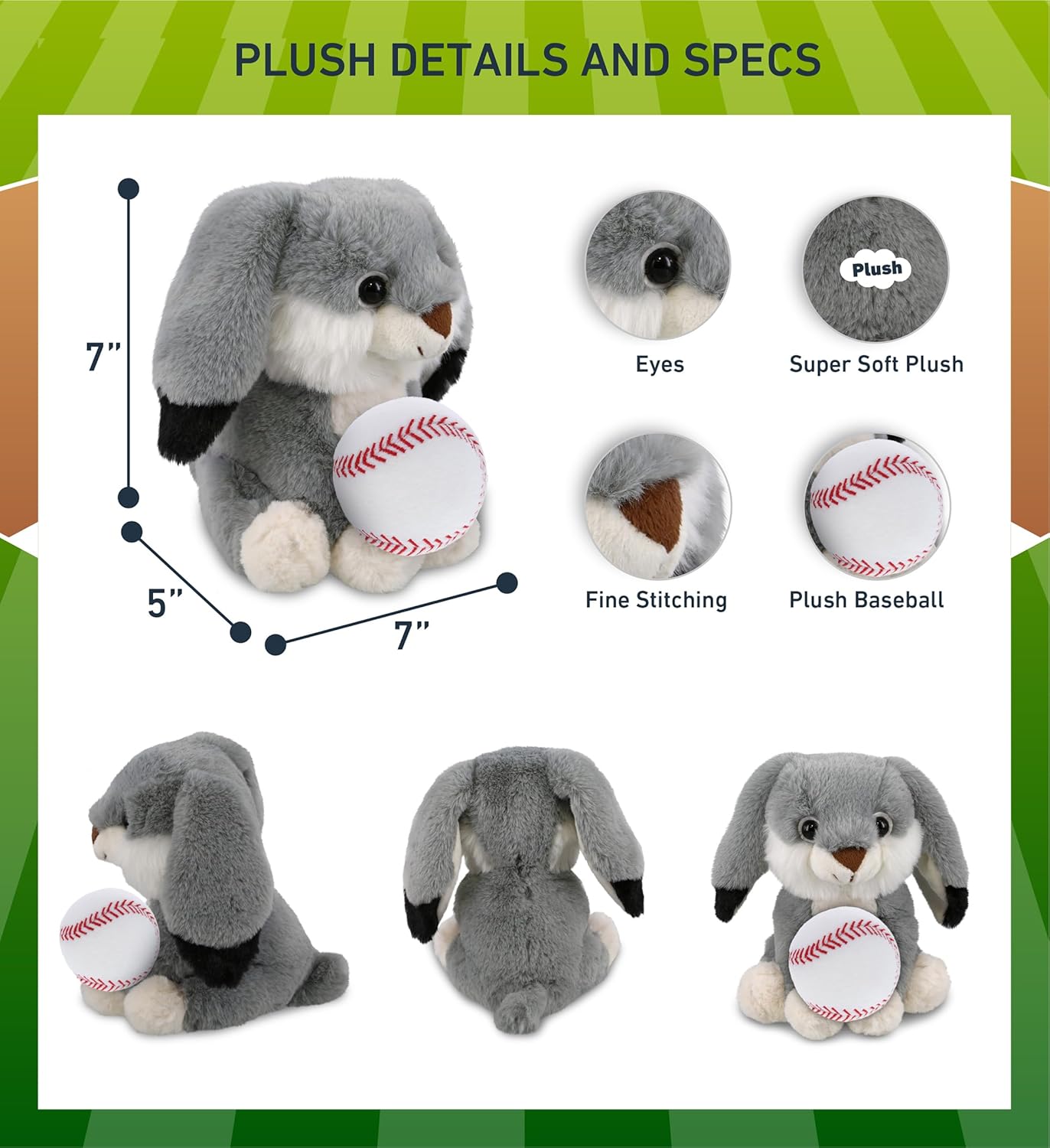 DolliBu Grey Rabbit Stuffed Animal with Baseball Plush - Huggable Farm Life Rabbit with Plush Baseball Toy Gift for Kids and Adults - 7 Inches