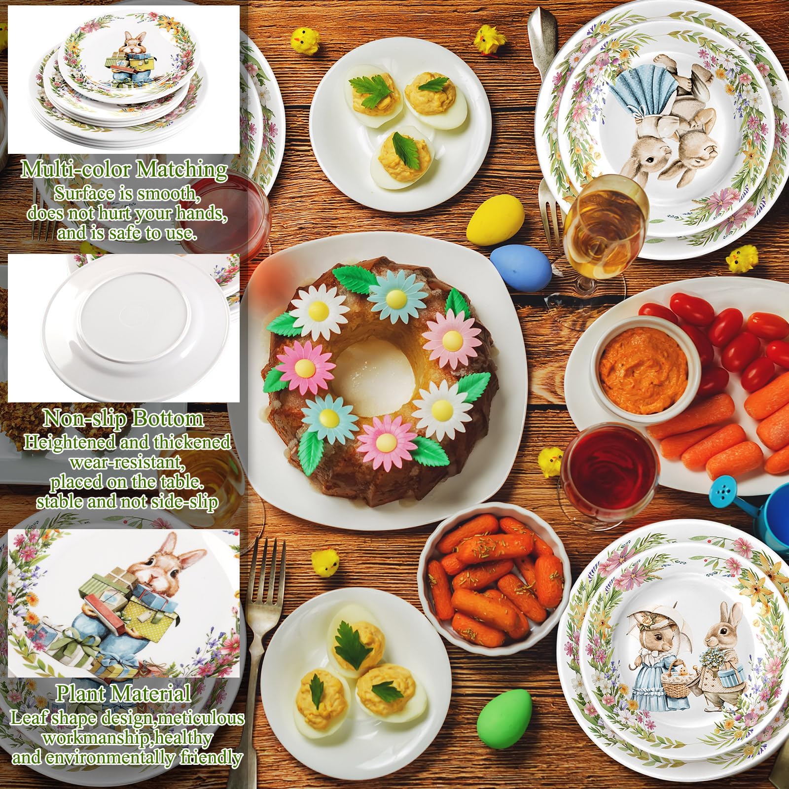 Lot de 8 assiettes à salade et 10 assiettes de dessert de lapin de Pâques de 8 pouces et 10 pouces, assiettes de dessert aux designs variés, assiettes multicolores, vaisselle de lapin de Pâques