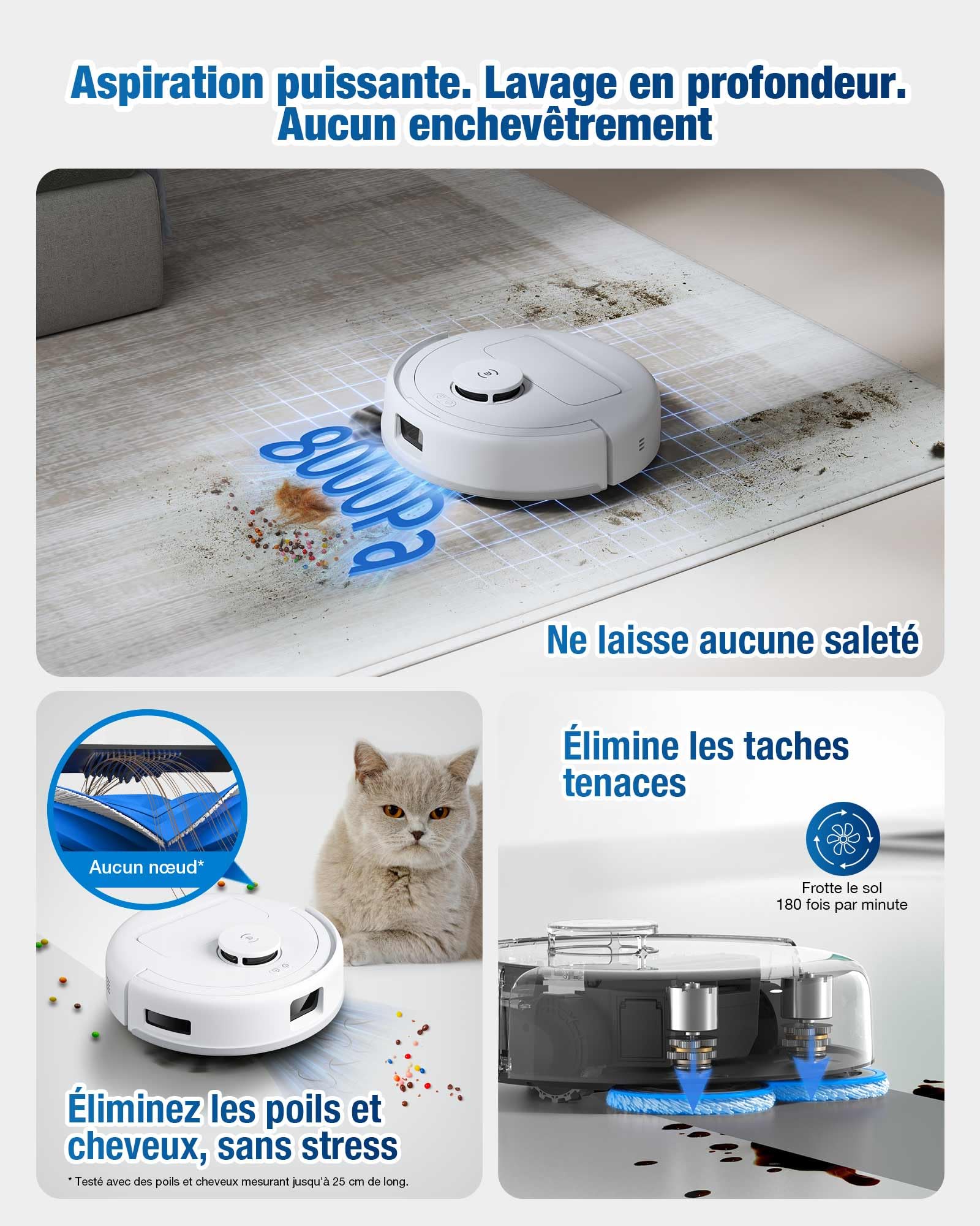 ECOVACS DEEBOT Mini Aspirateur Robot, Aspiration 9 000 Pa, ZeroTangle 2.0, TrueMapping 2.0, séchage à 45 ℃, vidage Auto, Lavage Intelligent en Profondeur, Nettoyage Auto en Un clic, Bleu