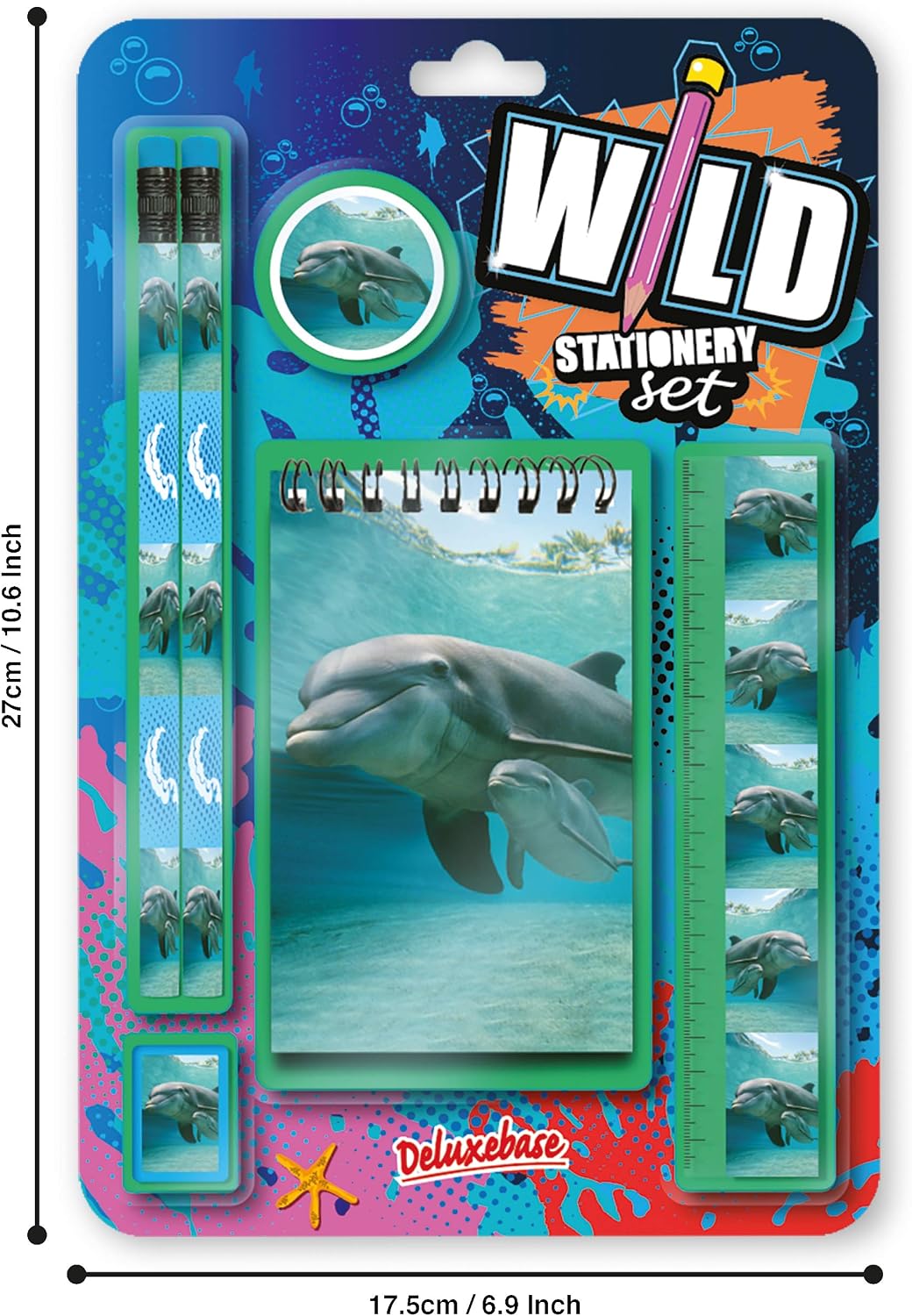 Deluxebase Wild Stationery Set - Dolphin from Animal Stationery Sets with 2 Pencils, Eraser, Pencil Sharpener, Ruler & Cute Notebook. Ideal Office Supplies, Desk Accessories & College Essentials. image 2