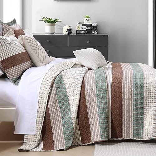 Miniatura 10 de Y-PLWOMEN Juego de edredón tamaño King 100% algodón, tamaño King, 3 piezas, edredón de rayas King, edredón de tamaño King de granja, edredón ligero