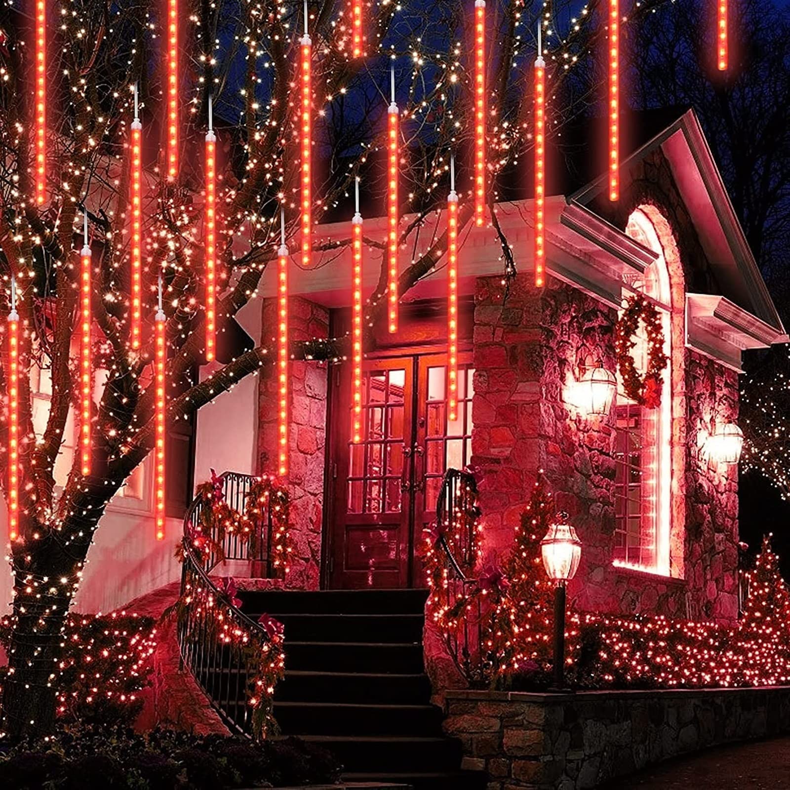 SCOZIA Lluvia de meteoritos Luces de Lluvia Que Caen 80 cm 8 Tubos 576 LED Nevadas en Cascada Luces LED Navidad Decoración de Invierno para Boda Fiesta Decoración de árbol de Navidad, Rojo