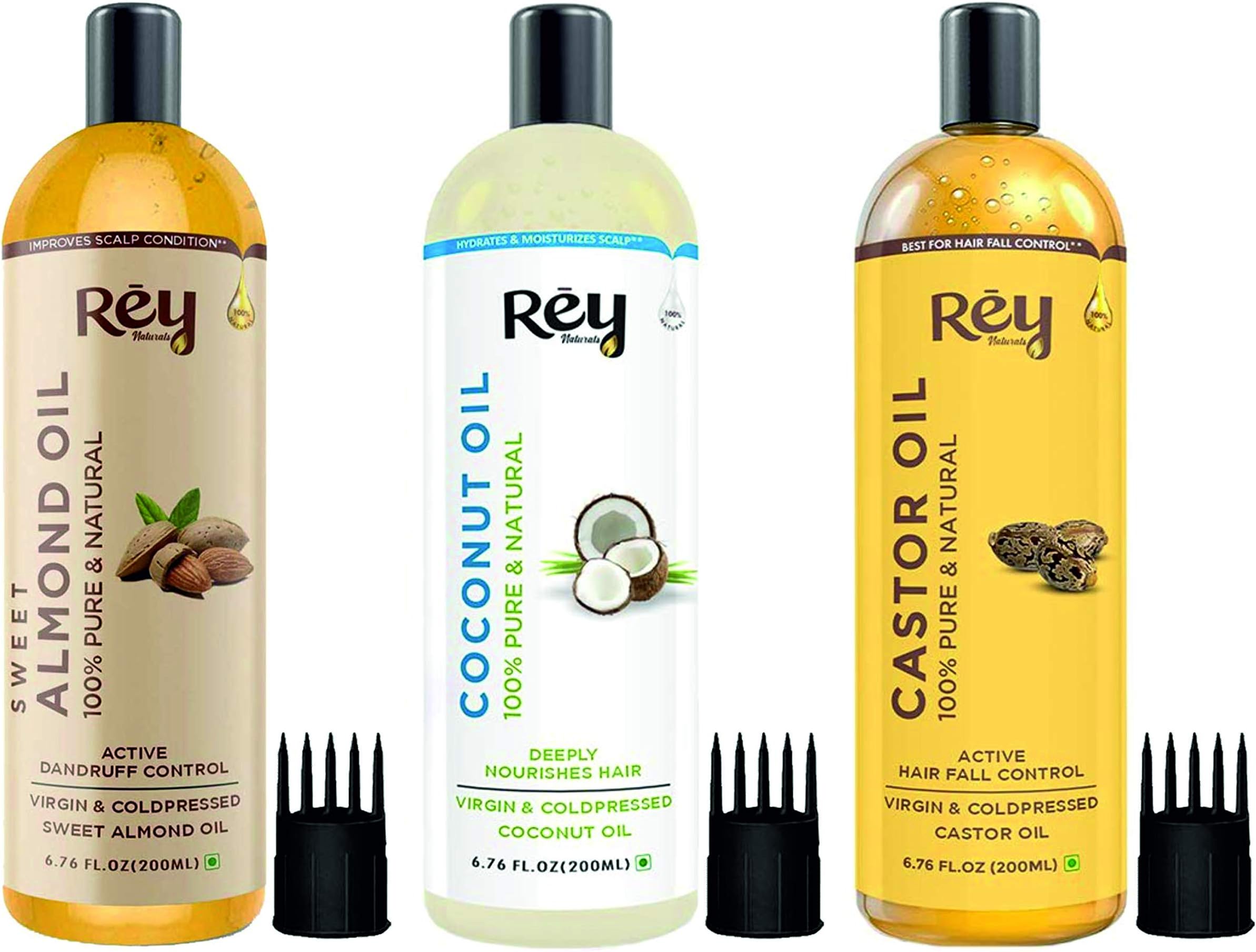 Rey Naturals Cold Pressed Castor Oil, Coconut Oil & Sweet Almond Oil - for hair & skin - 200ML + 200ML + 200ML