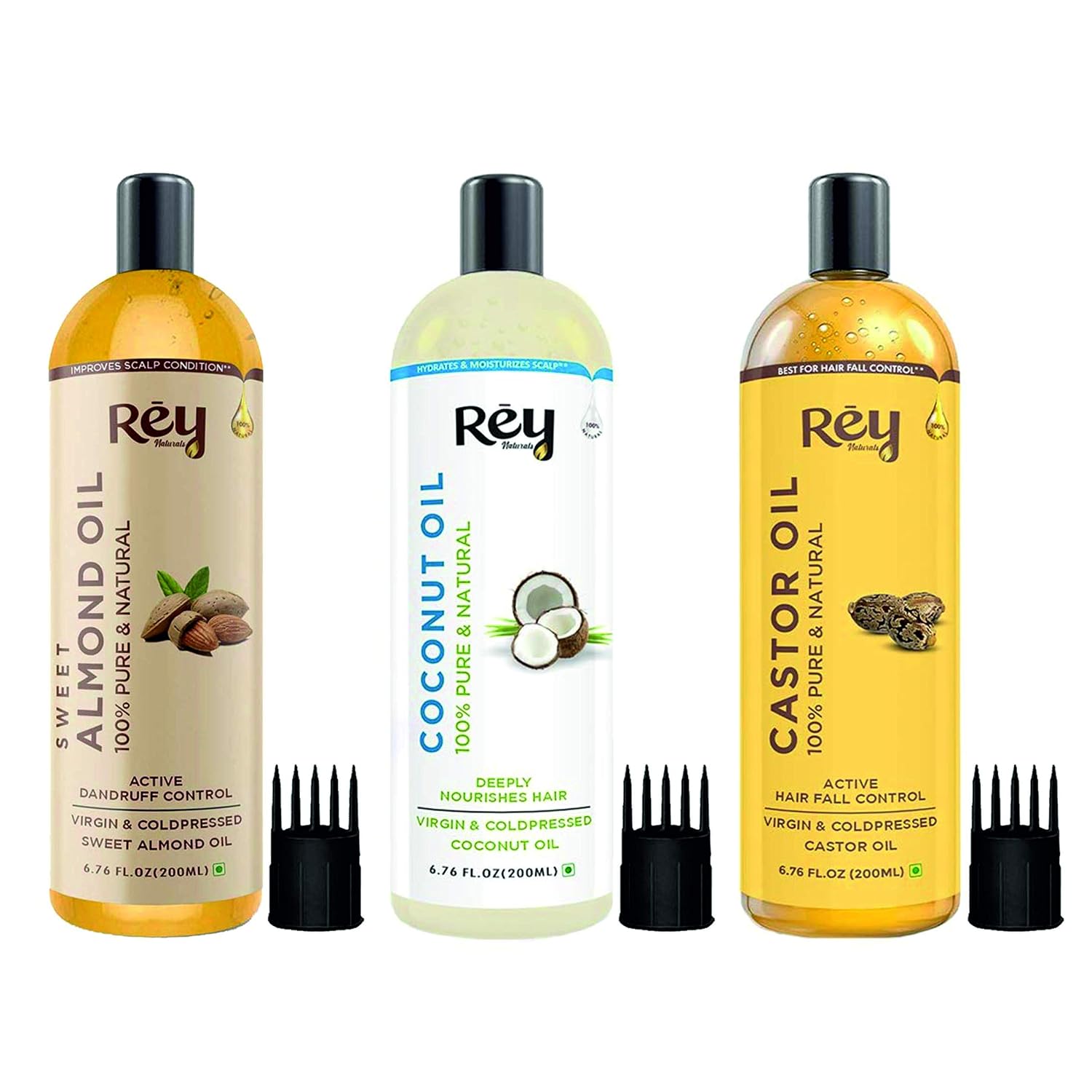 Rey Naturals Hair Oil Combo - Cold Pressed Castor Oil, Virgin & Pure Coconut oil & Sweet Almond Oil For Hair, Skin & Face - 200ml Each | For Hair Growth, Hairfall Control, Eyebrow & Eyelashes