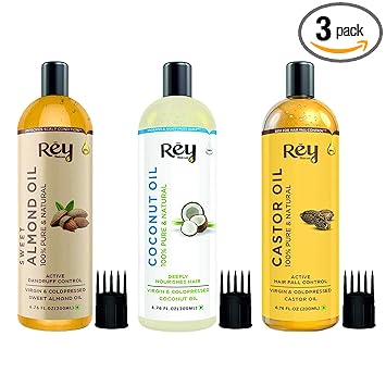 Rey Naturals Cold Pressed Castor Oil, Coconut Oil & Sweet Almond Oil - for hair & skin - 200ML + 200ML + 200ML