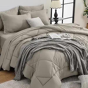 HEVUMYI Oatmeal Twin-XL Comforter Set - 5-Piece All Season Bed in a Bag Twin-XL, Ultra Soft Bedding Set with Comforter, Flat Sheet, Fitted Sheet, Pillowcases, Pillow Shams