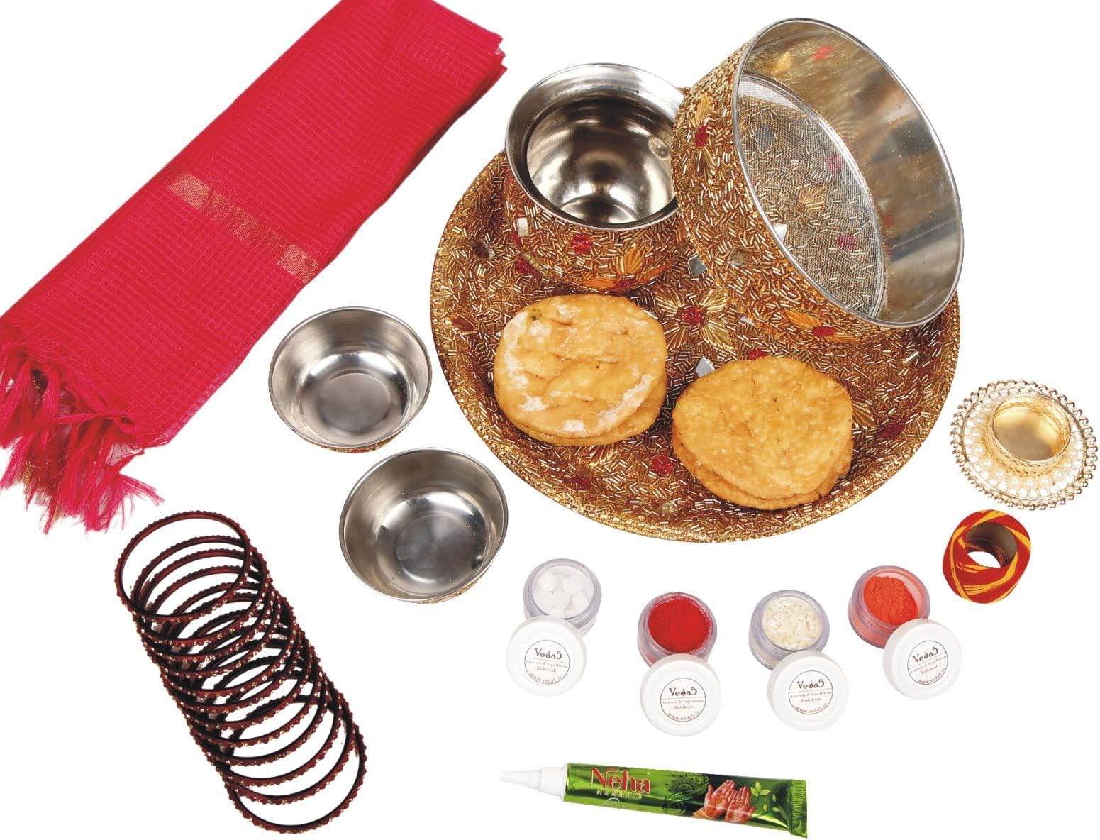 Ramya Complete Karva Chauth kit - Thali, Chanani, Kalash, Plain & Meethi Mathri, Katori, Diya, Chunni, Mehndi, Bangles and Puja Items (7500B)
