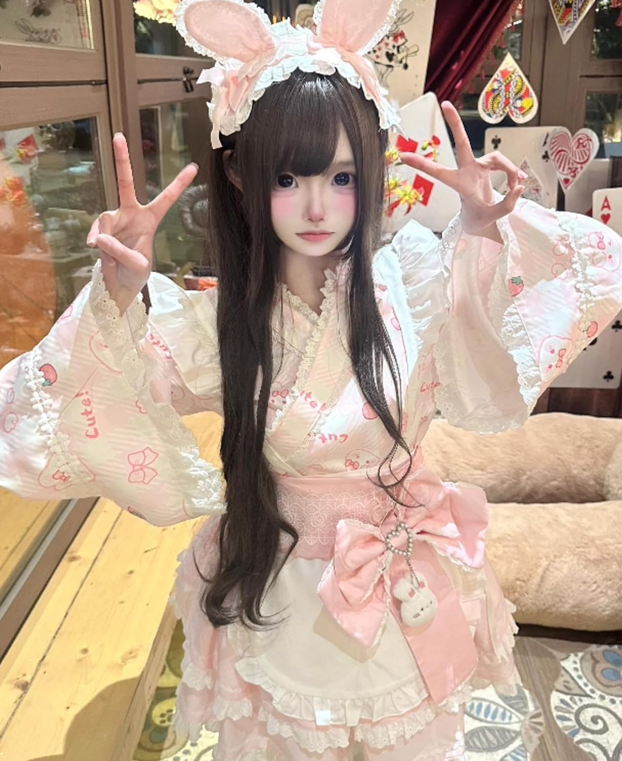 [LAJOKING] メイド服 コスプレ衣装 ピンク ロリータワンピース 長袖 姫袖 水色 浴衣 うさぎ柄 ミニスカート エプロン
