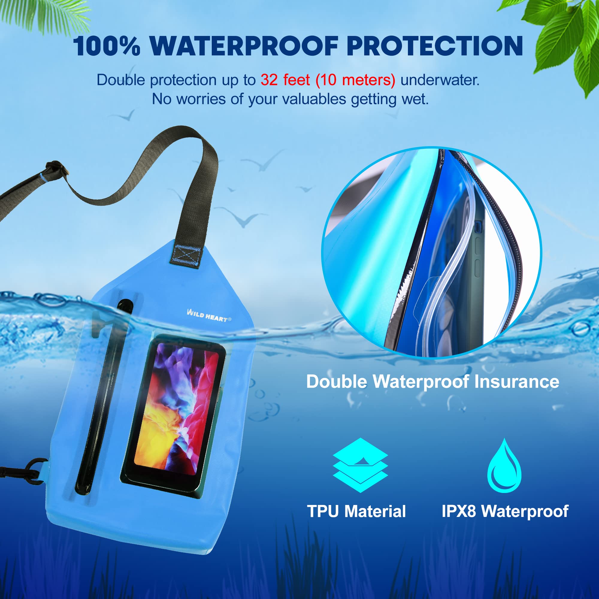 WILD HEART Sac à BandoulièRe éTanche Pochette Mode PlongéE Piscine Plage sous-Marine Pochette EntièRement éTanche PêChe en Mer PlongéE Grande Capacité Sac LéGer