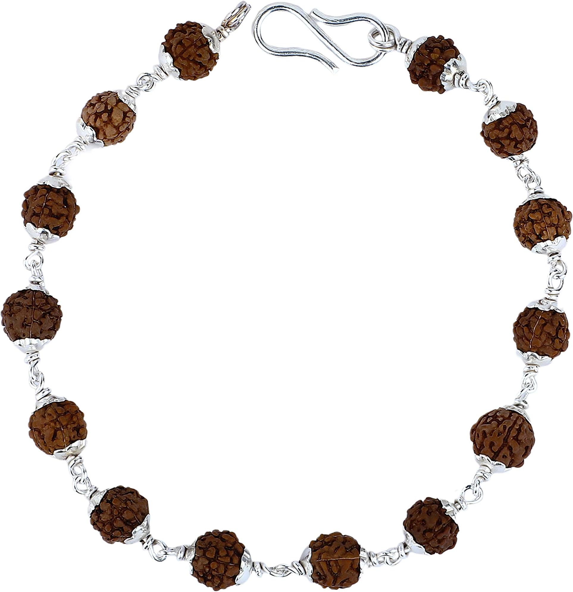 Lab Certificate Handmade Strong Pure Sterling Silver 7 mm Beads 5 Mukhi Rudraksha Bracelet for Men (Natural Brown & Silver)