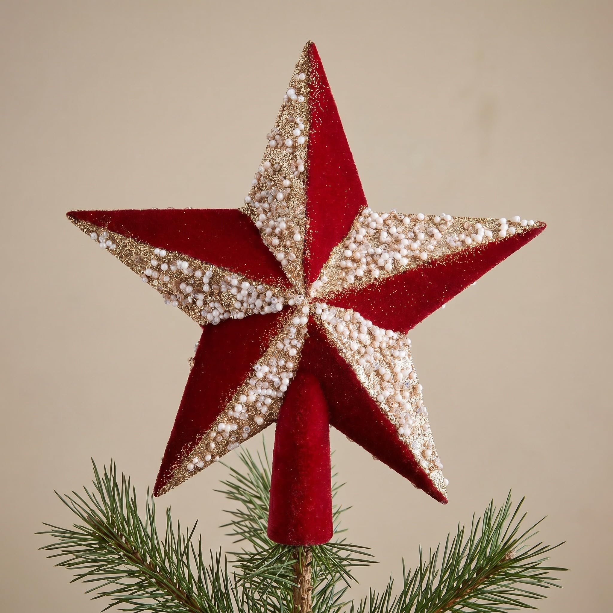 Étoile rouge pailletée pour cime de sapin de Noël, 19,5 cm avec détails | PS Plastique et finition floquée Douille de montage 2 cm pour sapin de Noël, fêtes, maisons et présentations saisonnières
