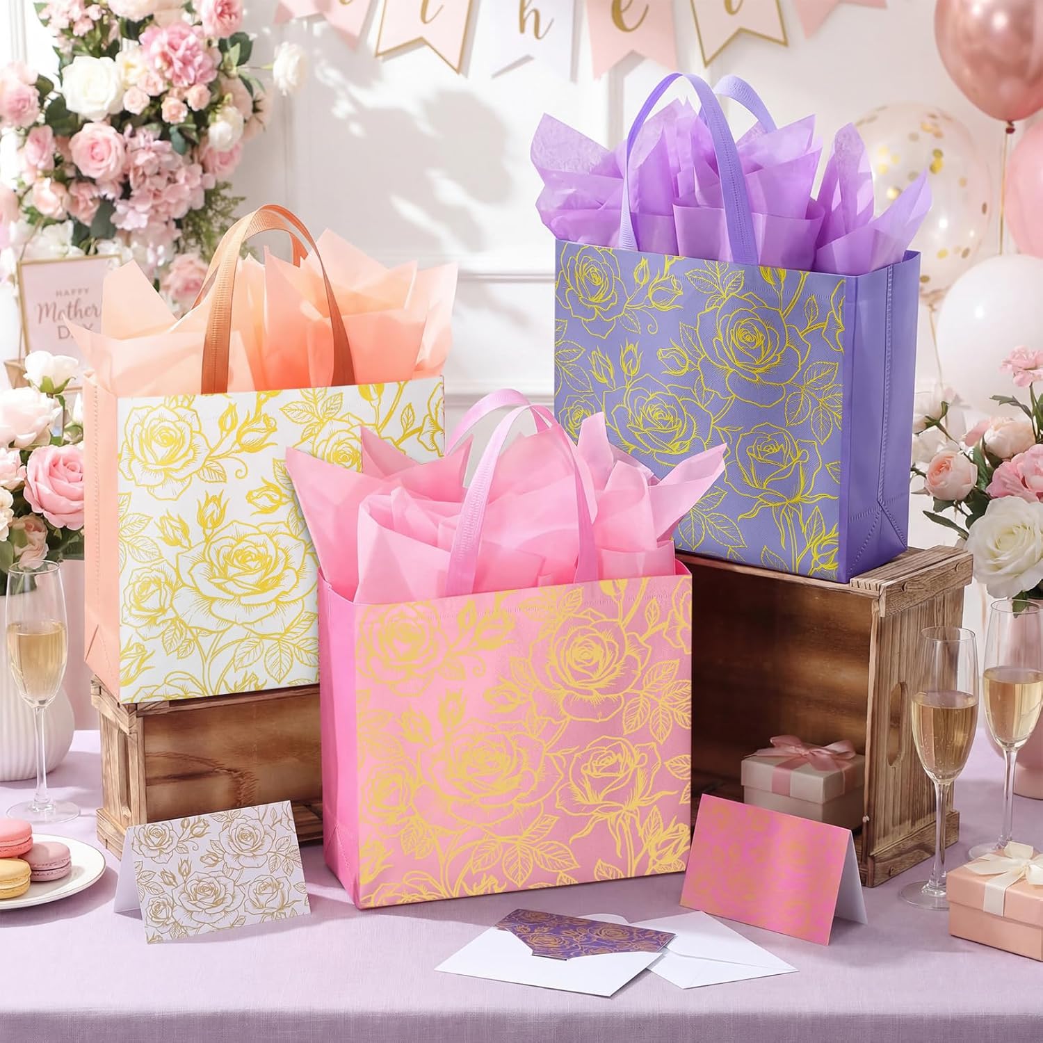 Eccliy 3 Pcs Large Gift Bags for Mother's Day, Floral Gift Bags with Handles for Women, Reusable Non Woven Rose Totes with Tissue Paper, Greeting Cards, Envelopes for Weddings, 12.2 x 11 x 4.7 in