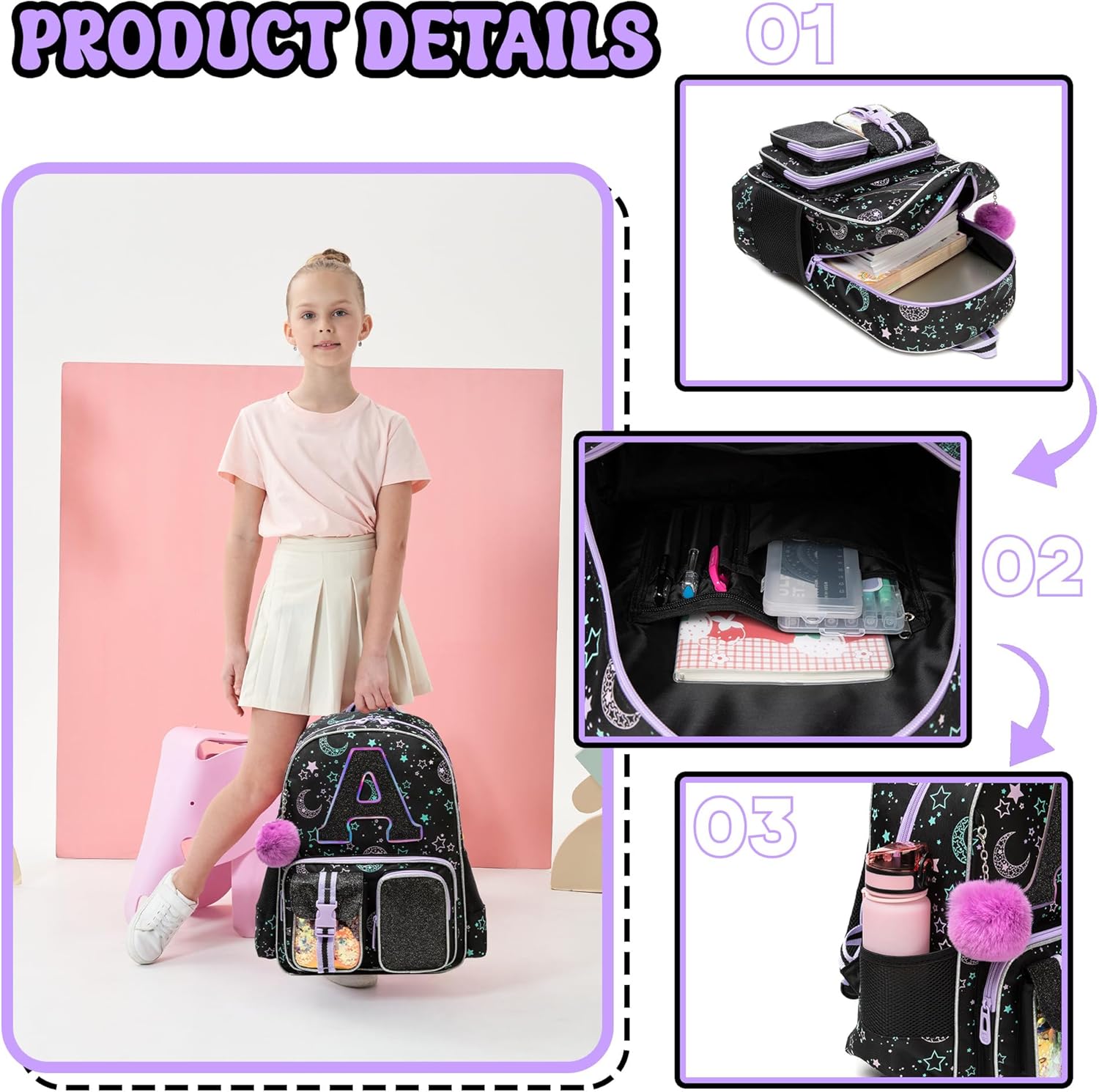 Backpacks for Girls School Bag Kids Black Bookbag for Elementary Students Kids Backpack with Lunch Box and Pencil Case - Image 4